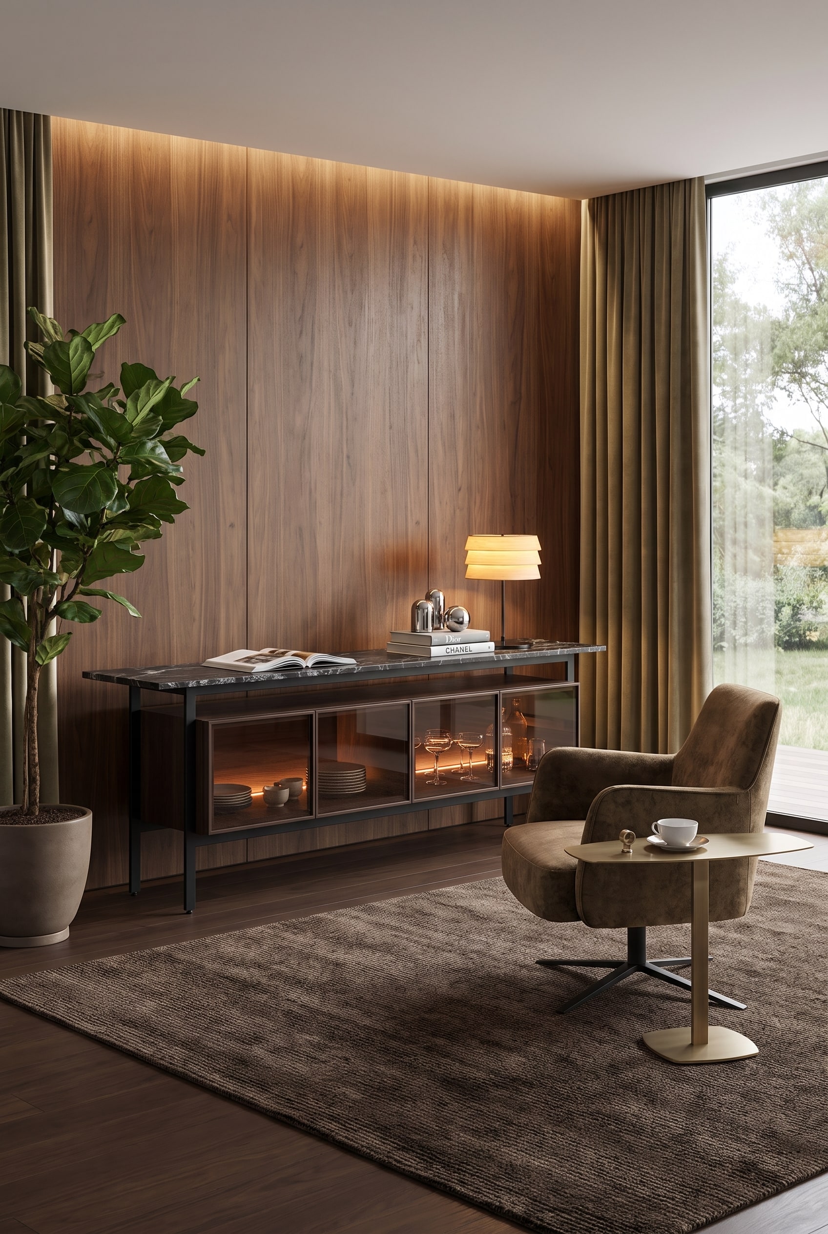 Buffet en bois fonc&eacute; avec &eacute;clairage LED int&eacute;gr&eacute; derri&egrave;re des portes en verre teint&eacute; dans une pi&egrave;ce chaleureuse