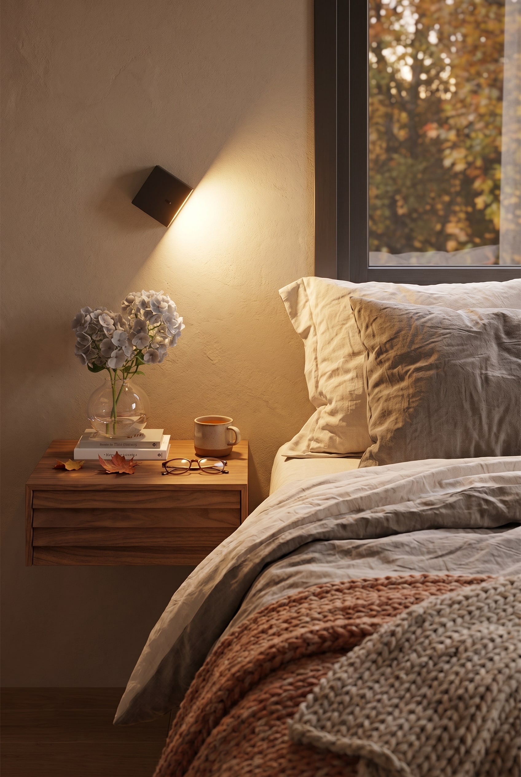 Une chambre confortable au look automnal avec la table de chevet Punt Sussex, dont les lamelles de bois horizontales distinctives refl&egrave;tent l'&eacute;clairage chaleureux de la pi&egrave;ce.