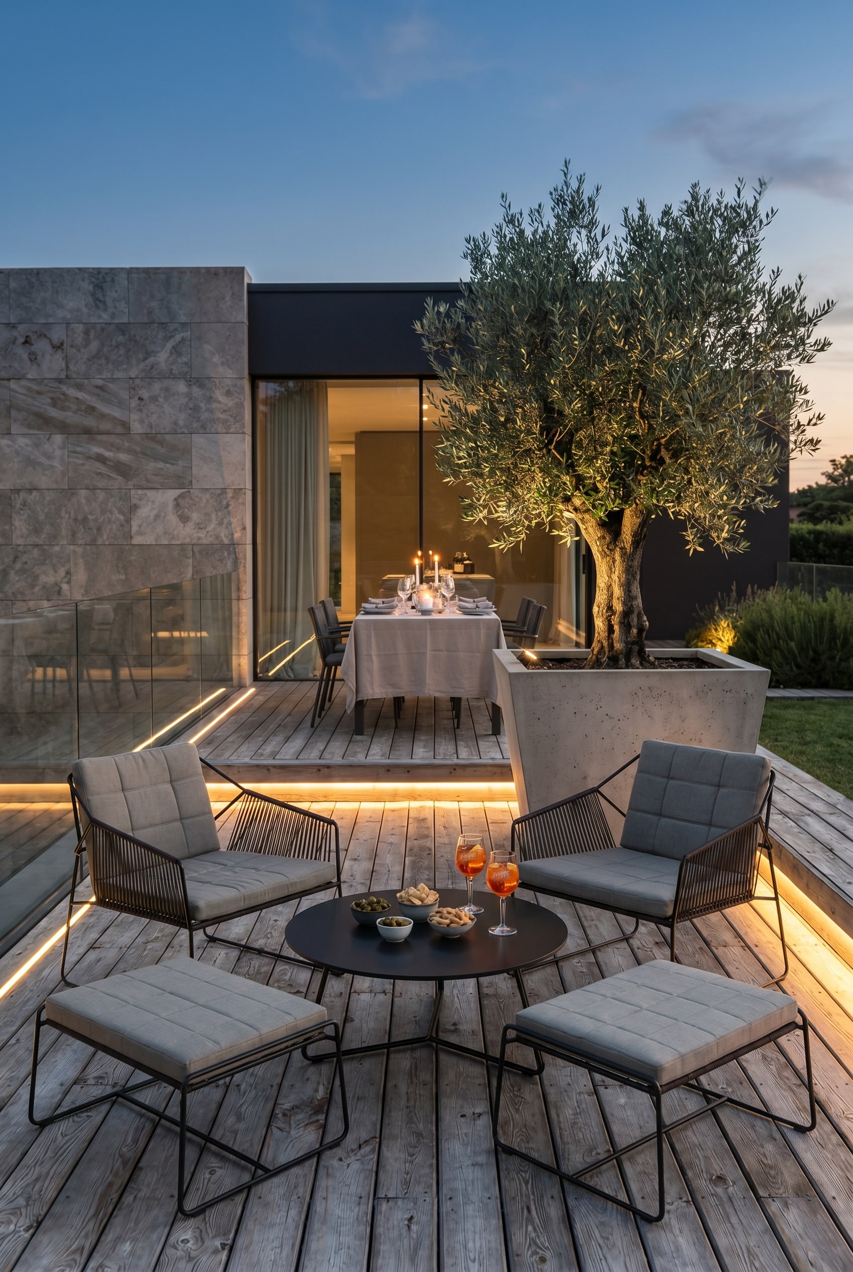 Terrasse architecturale avec deux petits tabourets d'extérieur en corde tressée à côté d'une jardinière