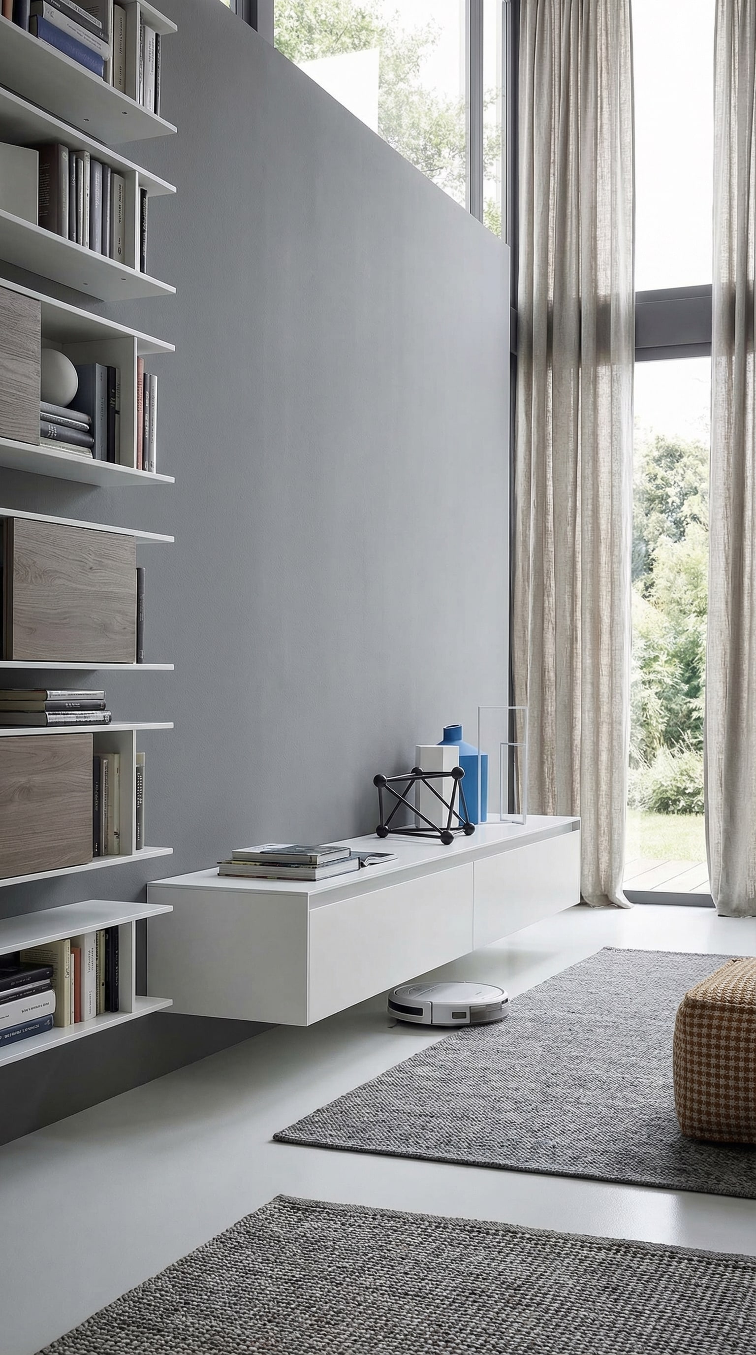 Modulair, asymmetrisch lowboard aan een grijze muur Modulair, asymmetrisch lowboard aan een grijze muur