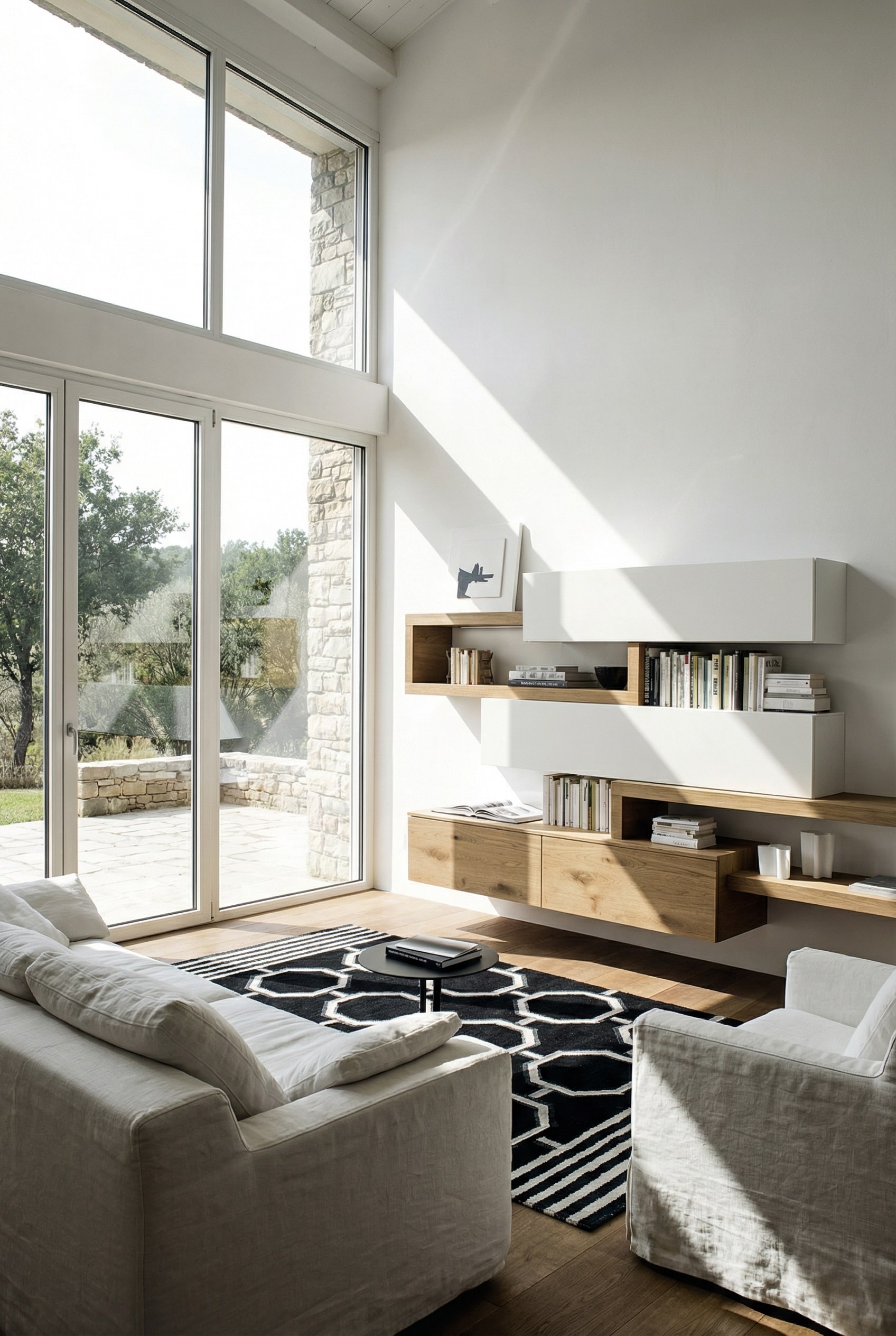 Moderne woonkamer met een asymmetrisch gebalanceerde wandmeubel