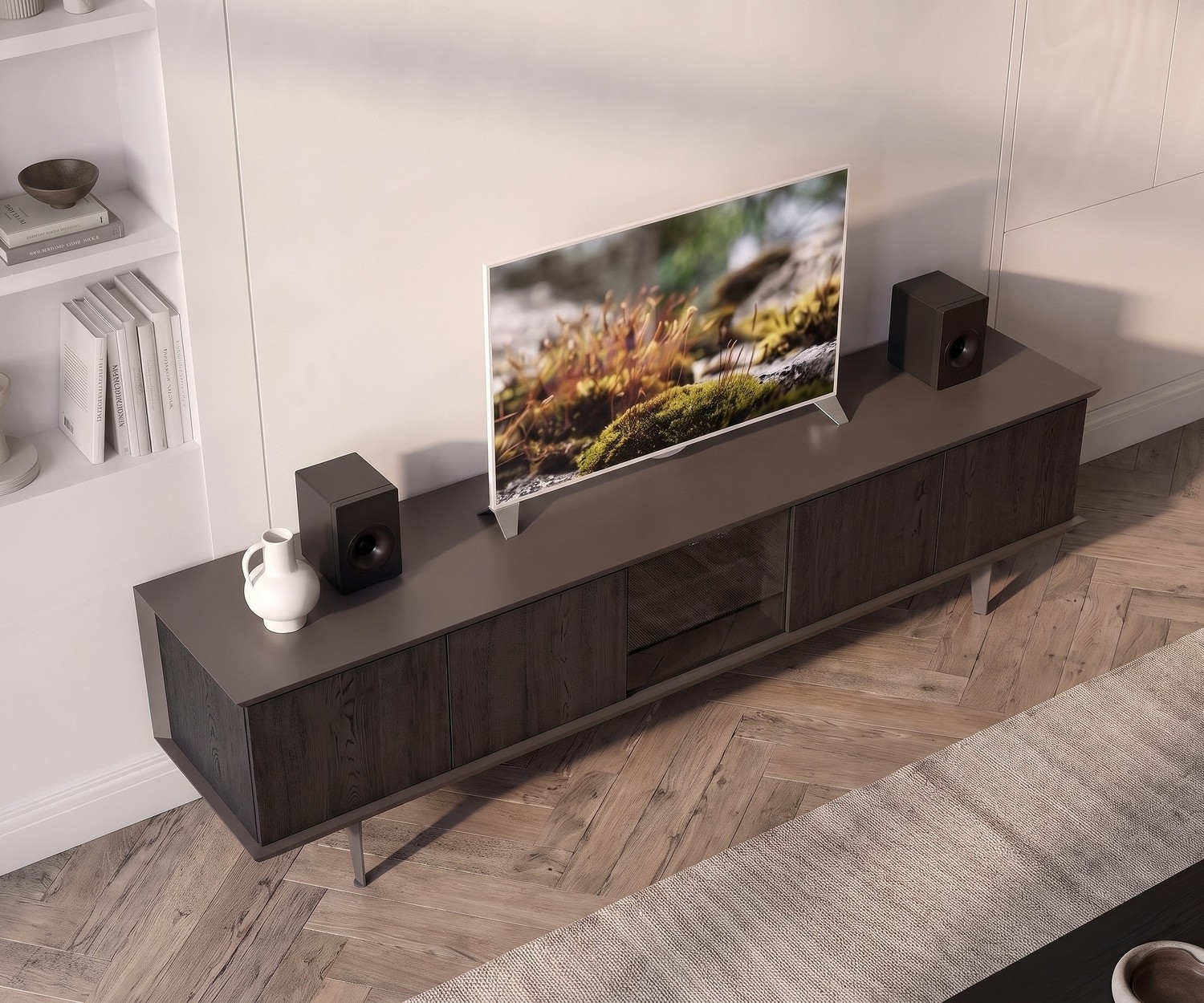 Ozzio Brera TV media lowboard voor de woonkamer. Modern donker houten tv-meubel met glazen deur en stijlvol ontwerp.