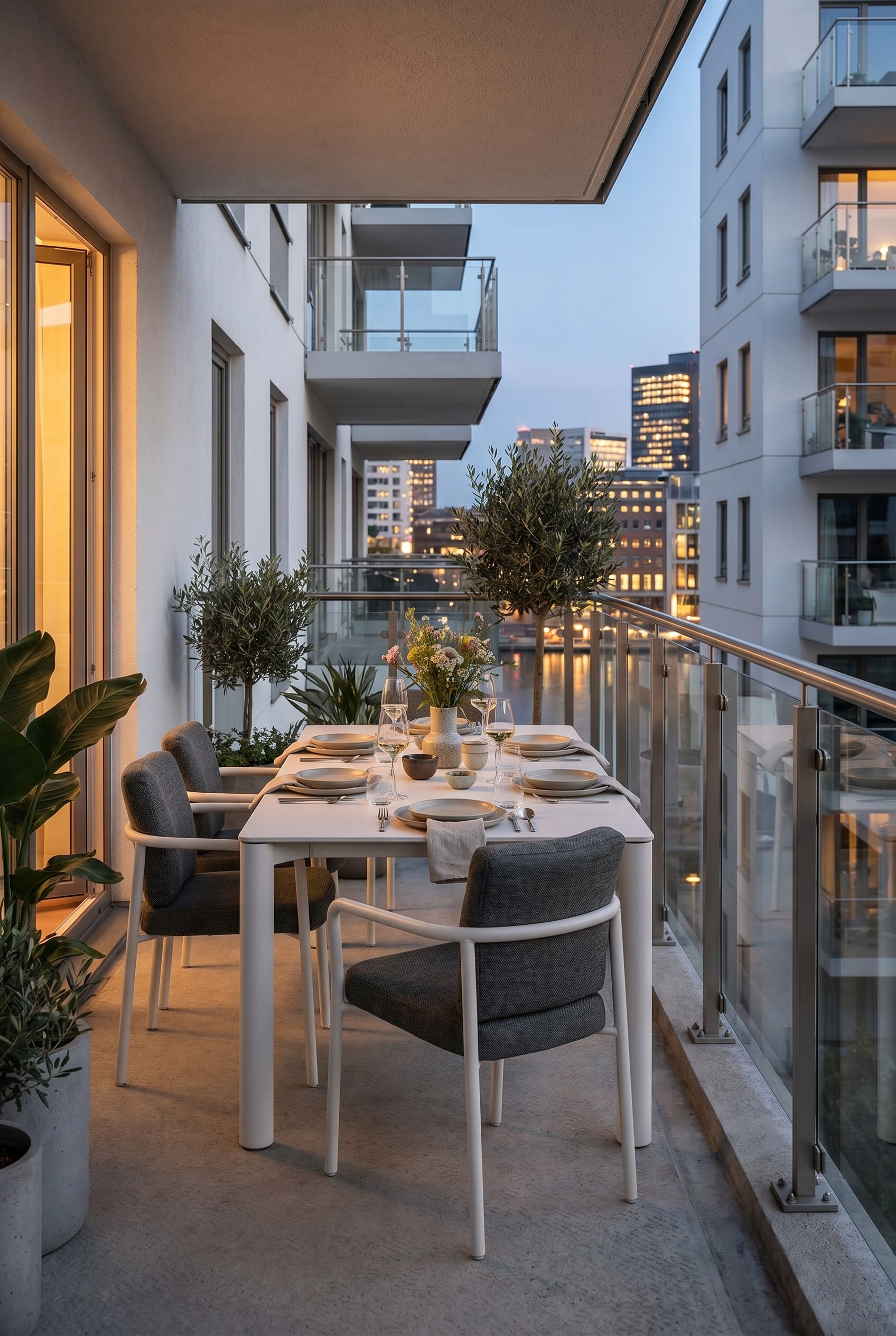Balcon urbain au cr&eacute;puscule avec une table &agrave; manger d'ext&eacute;rieur puriste blanche en aluminium et deux chaises assorties devant une balustrade en verre