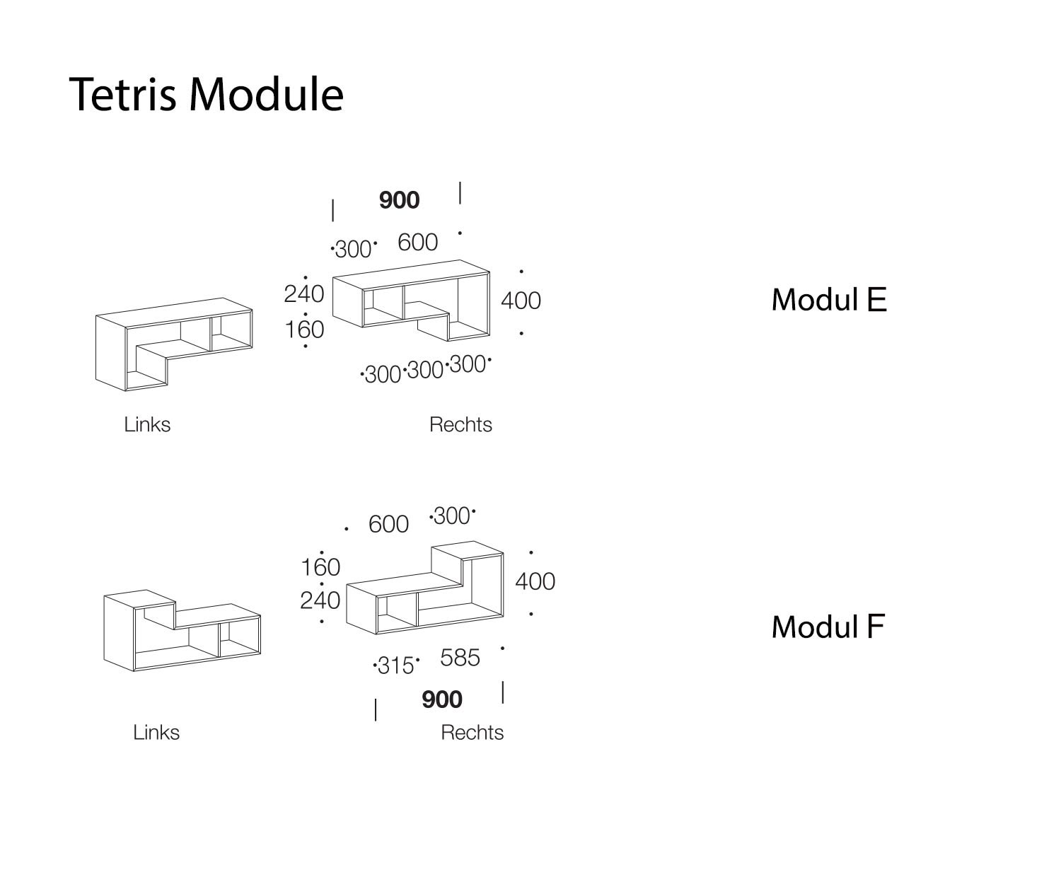 Tetris Designer Plank Modules E en F Schets Afmetingen
