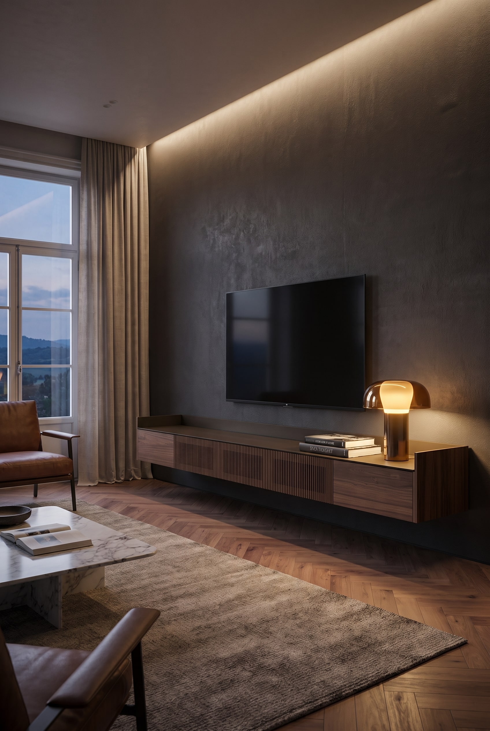 Meuble TV mural en bois de noyer noble dans le salon, avec un téléviseur à écran plat au-dessus
