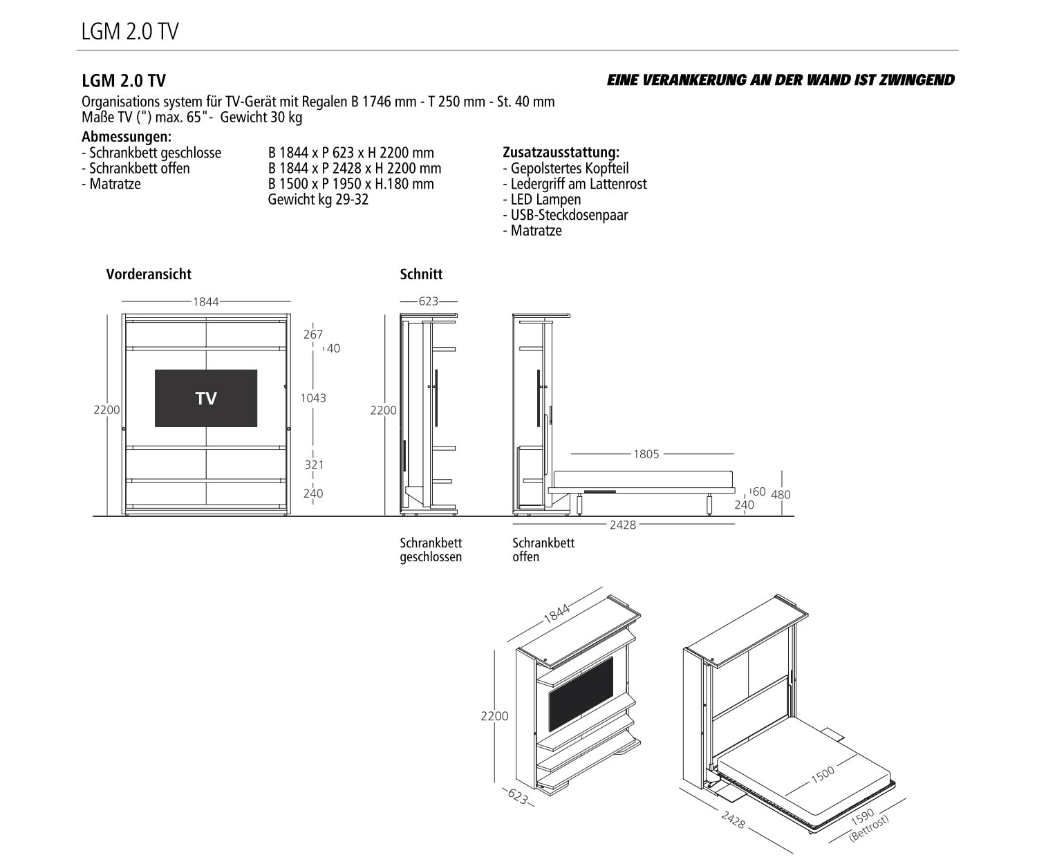 Design opklapbed met TV-wandmeubelhouder Design opklapbed met TV-wandmeubelhouder