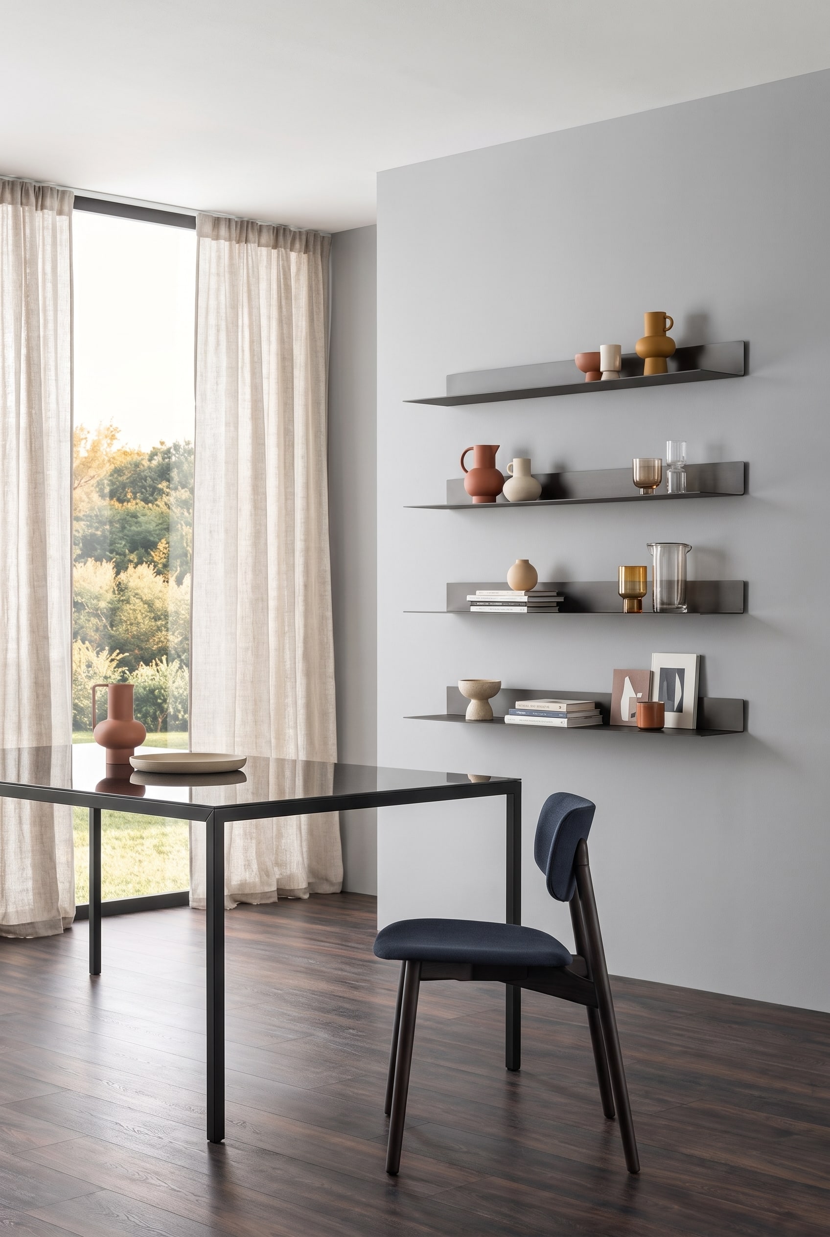 Salle à manger minimaliste avec des étagères murales en métal au-dessus d'une table à manger sombre et de petits objets en céramique