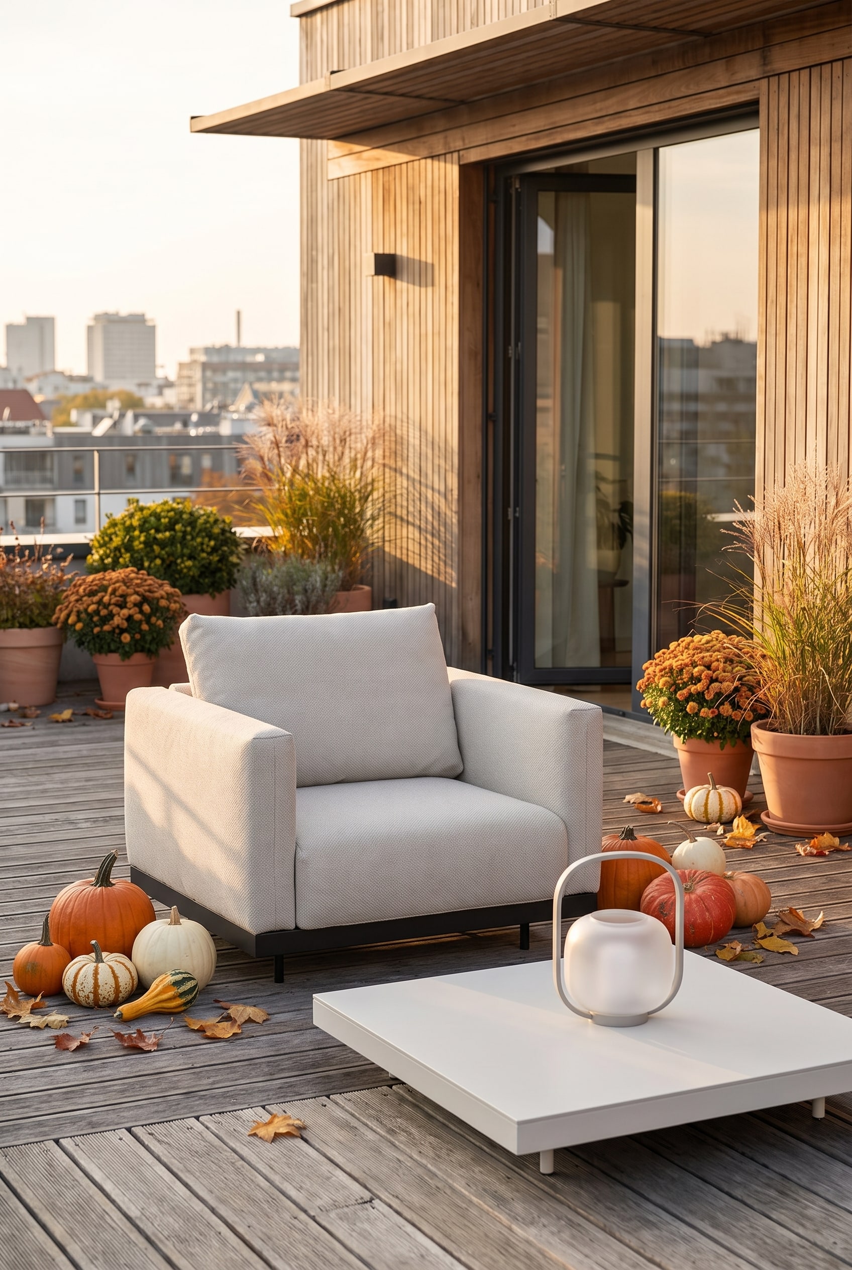 Deux fauteuils de jardin légers blancs en aluminium avec des coussins gris placés de manière flexible sur une terrasse en bois