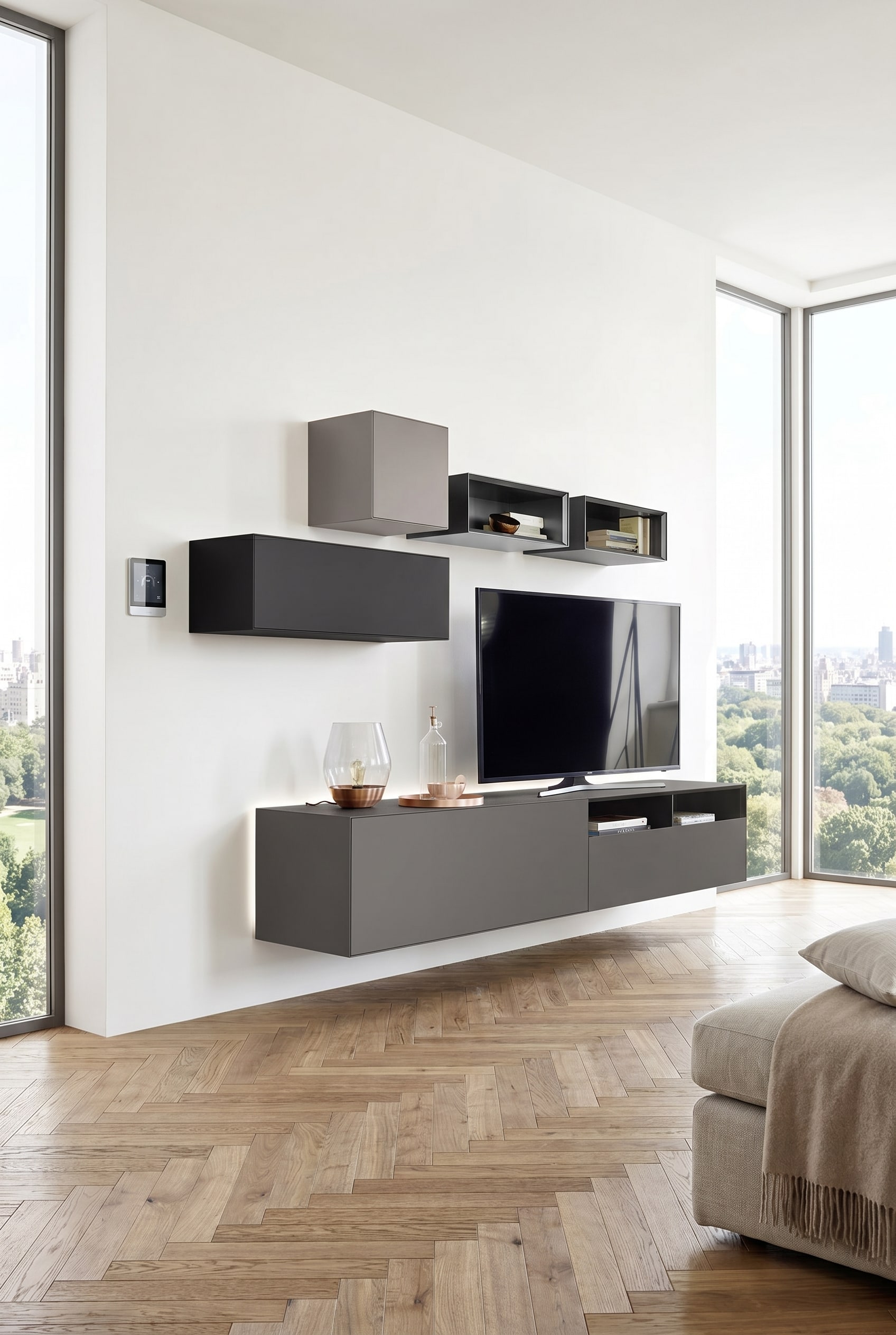 Meuble haut suspendu minimaliste, sous lequel le sol est entièrement libre pour les robots aspirateurs. Meuble haut suspendu minimaliste, sous lequel le sol est entièrement libre pour les robots aspirateurs.