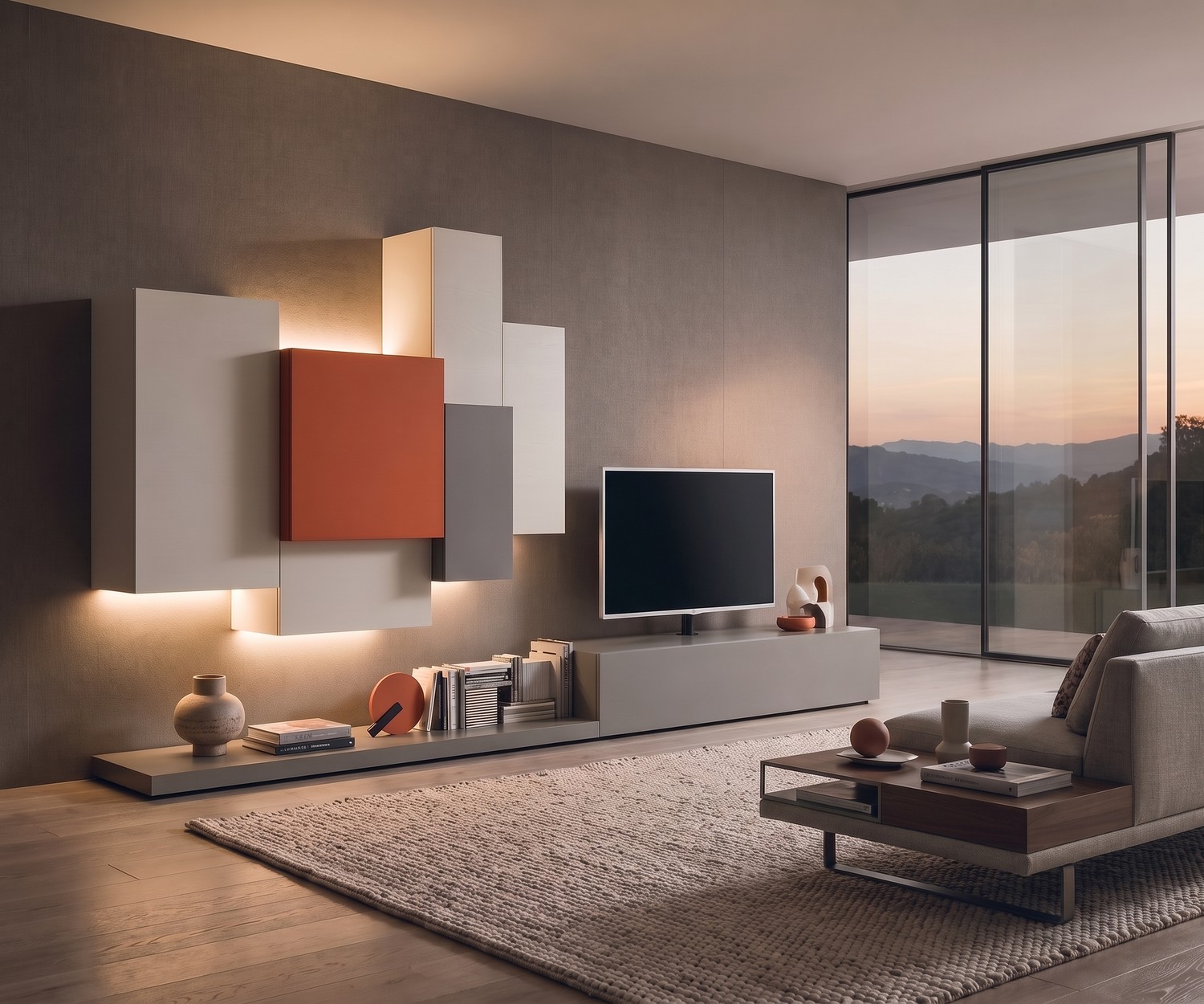 Socle TV Livitalia EASY dans un salon moderne, banc bas gris élégant pour meuble TV et accessoires de décoration.