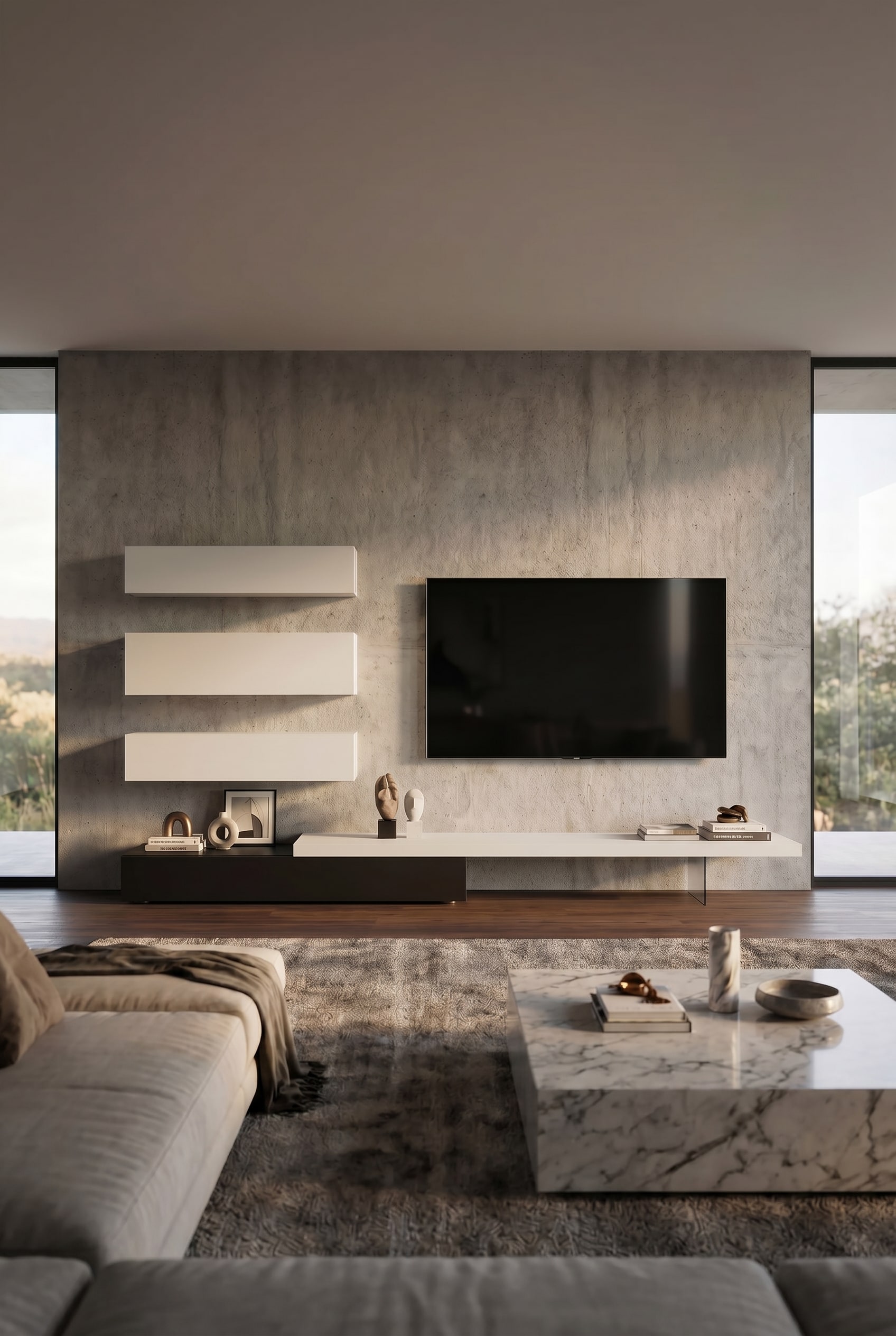 Salon minimaliste avec l'ensemble mural flottant Livitalia C107