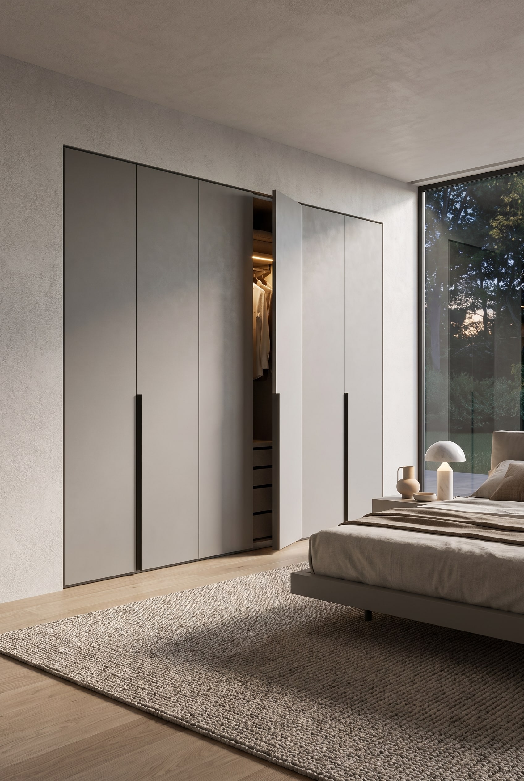 Armoire design moderne avec poignées métalliques élégantes et visibles dans une chambre luxueuse