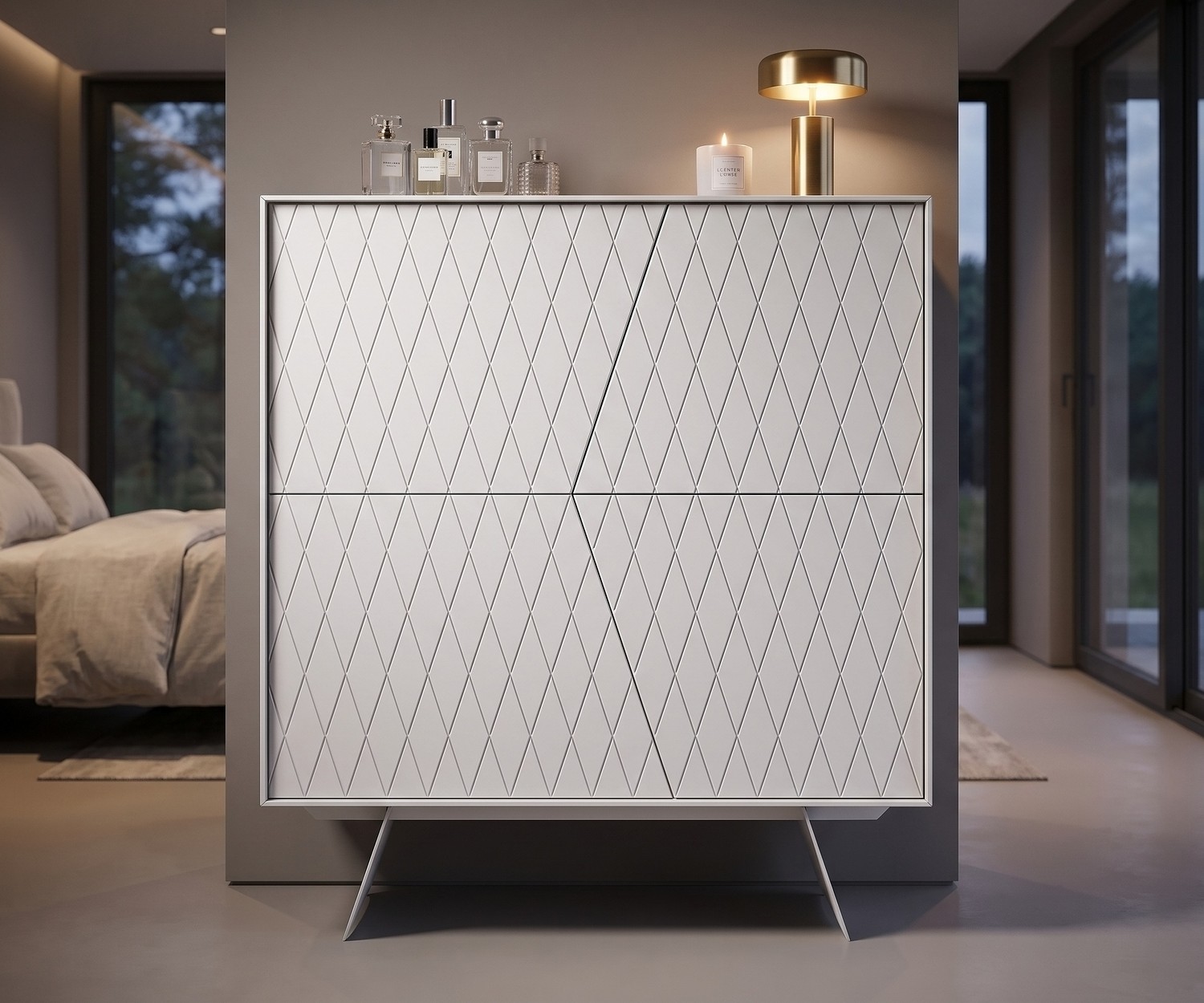 al2 e-klipse 009 highboard kast voor de slaapkamer in mat wit, voorzien van een modern ruitpatroon.