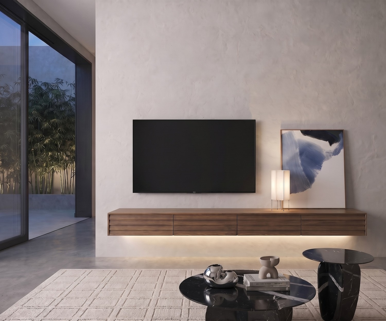 Meuble TV suspendu Punt Sussex Configurateur en noyer, idéal pour un salon moderne et design avec éclairage LED.