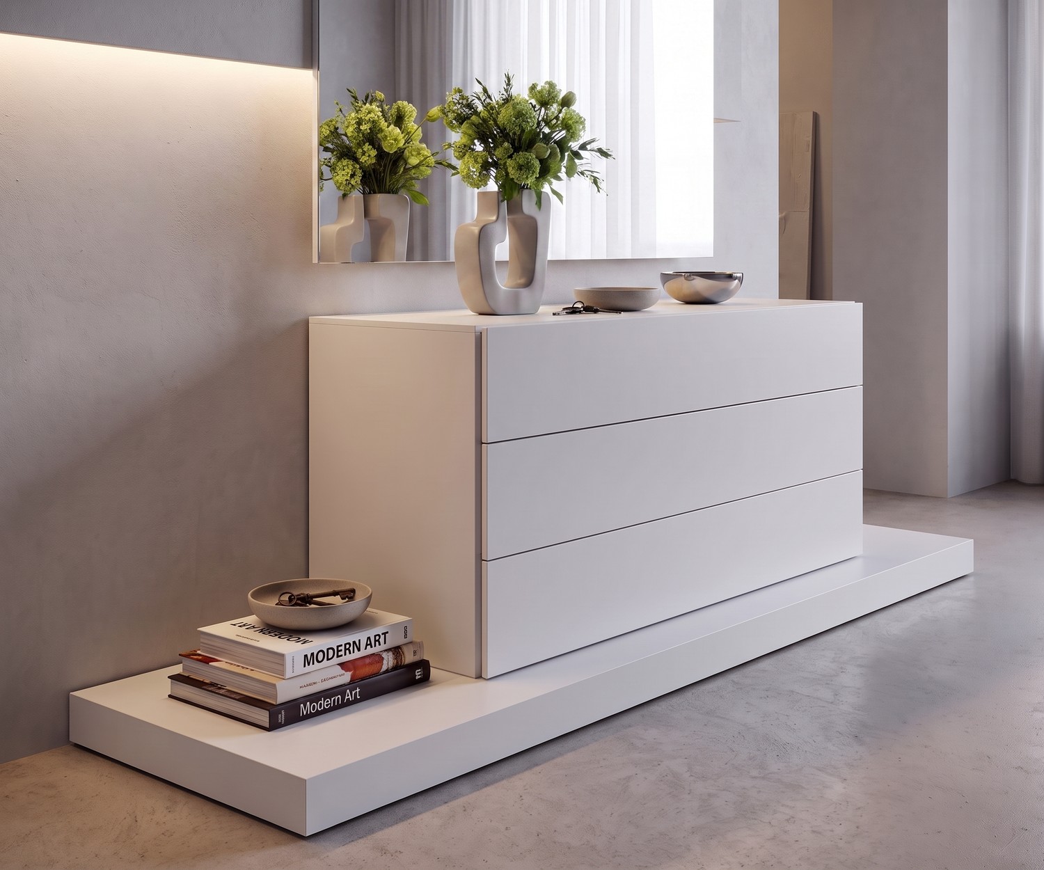 Easy design ladekast van Novamobili met 3 laden in wit, minimalistische slaapkamercommode met bijpassende spiegel.