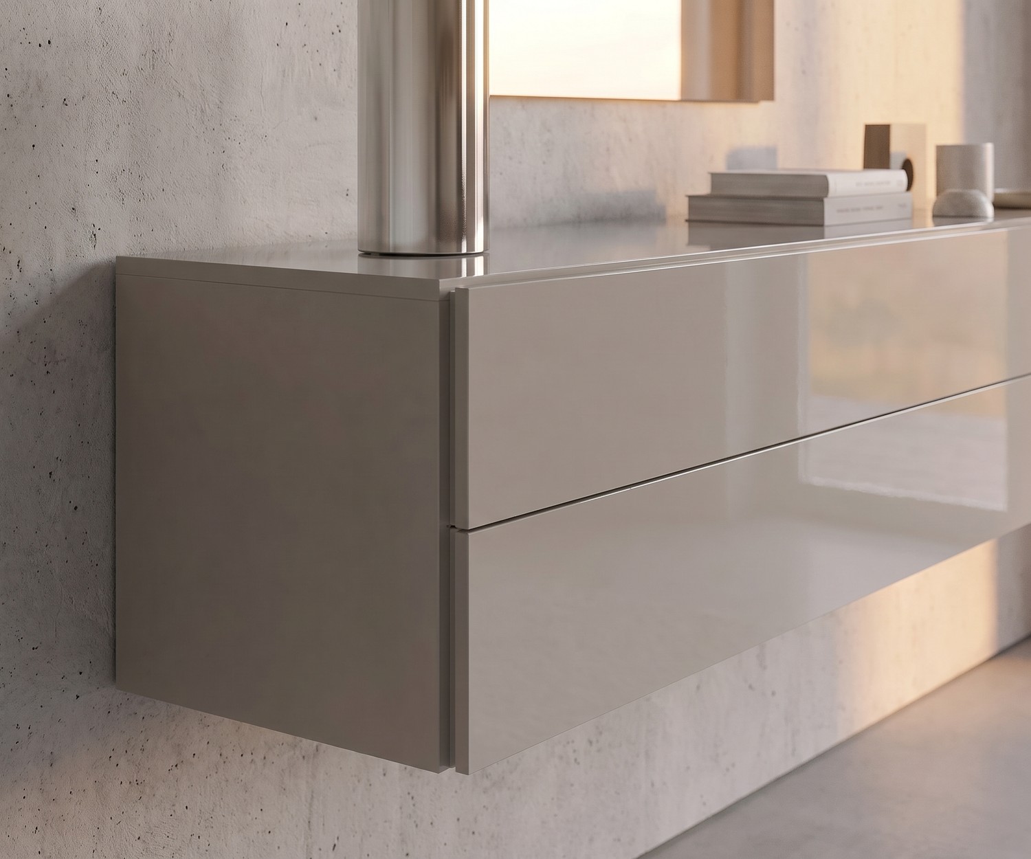 Commode suspendue Easy de Novamobili laquée sable brillant, buffet mural design pour un salon minimaliste et élégant.