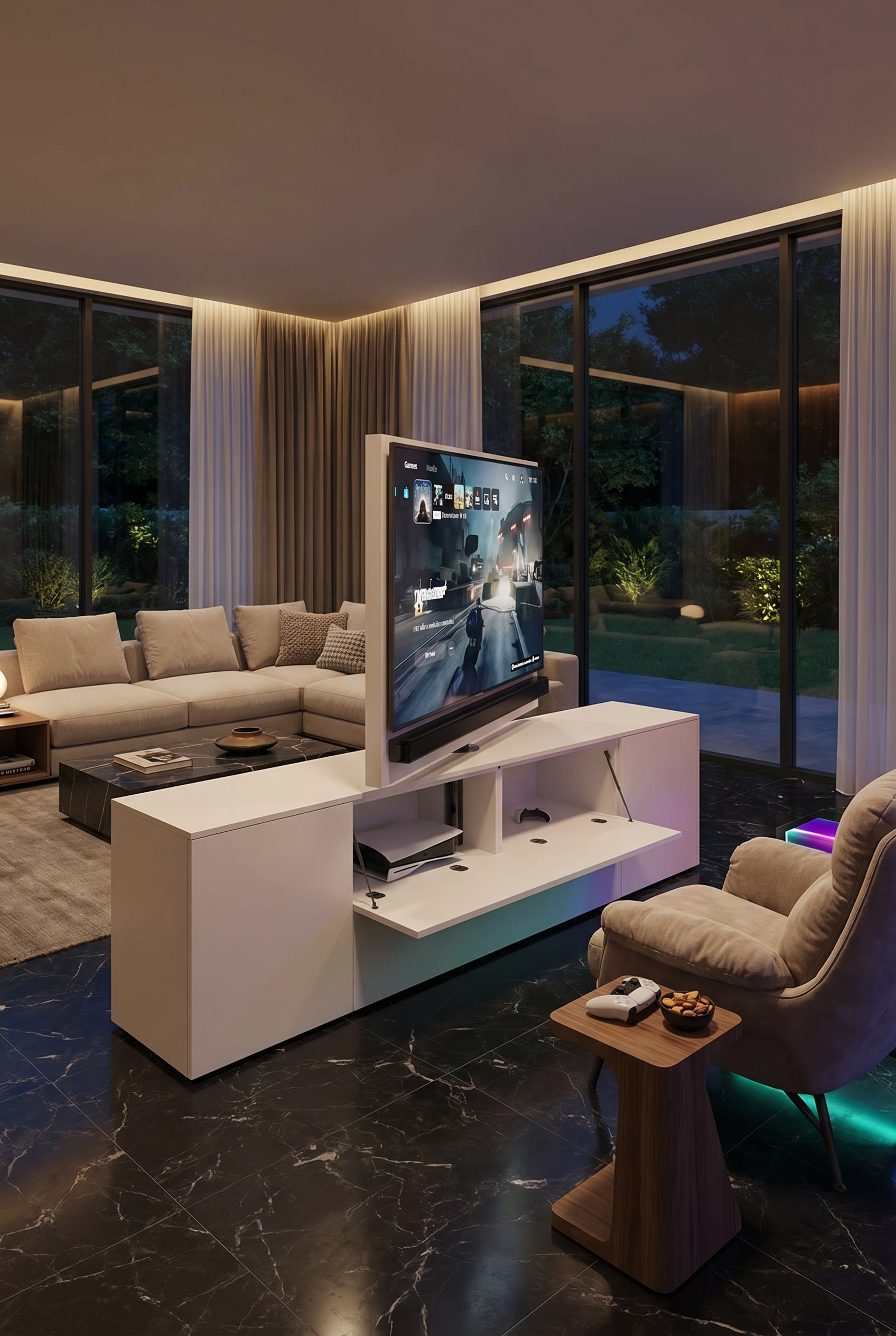 Salon ouvert avec un sideboard s&eacute;parateur de pi&egrave;ce pivotant en bois fonc&eacute;, une t&eacute;l&eacute;vision et un canap&eacute; d'angle beige