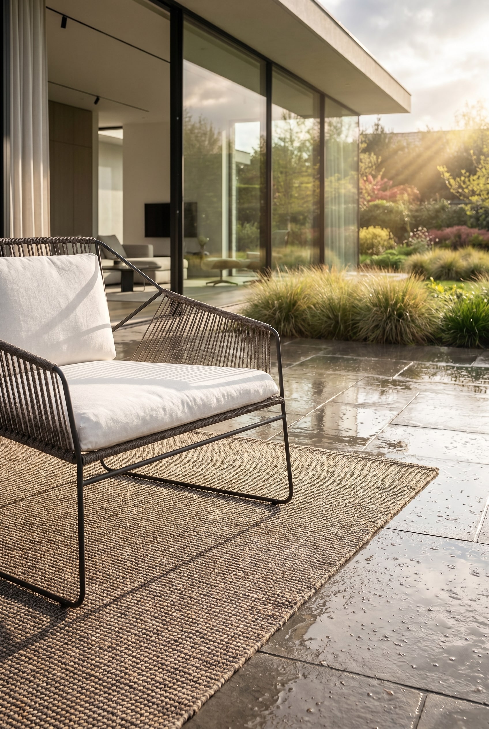 Coin salon moderne dans le jardin avec des mat&eacute;riaux premium r&eacute;sistants &agrave; la pluie in situ