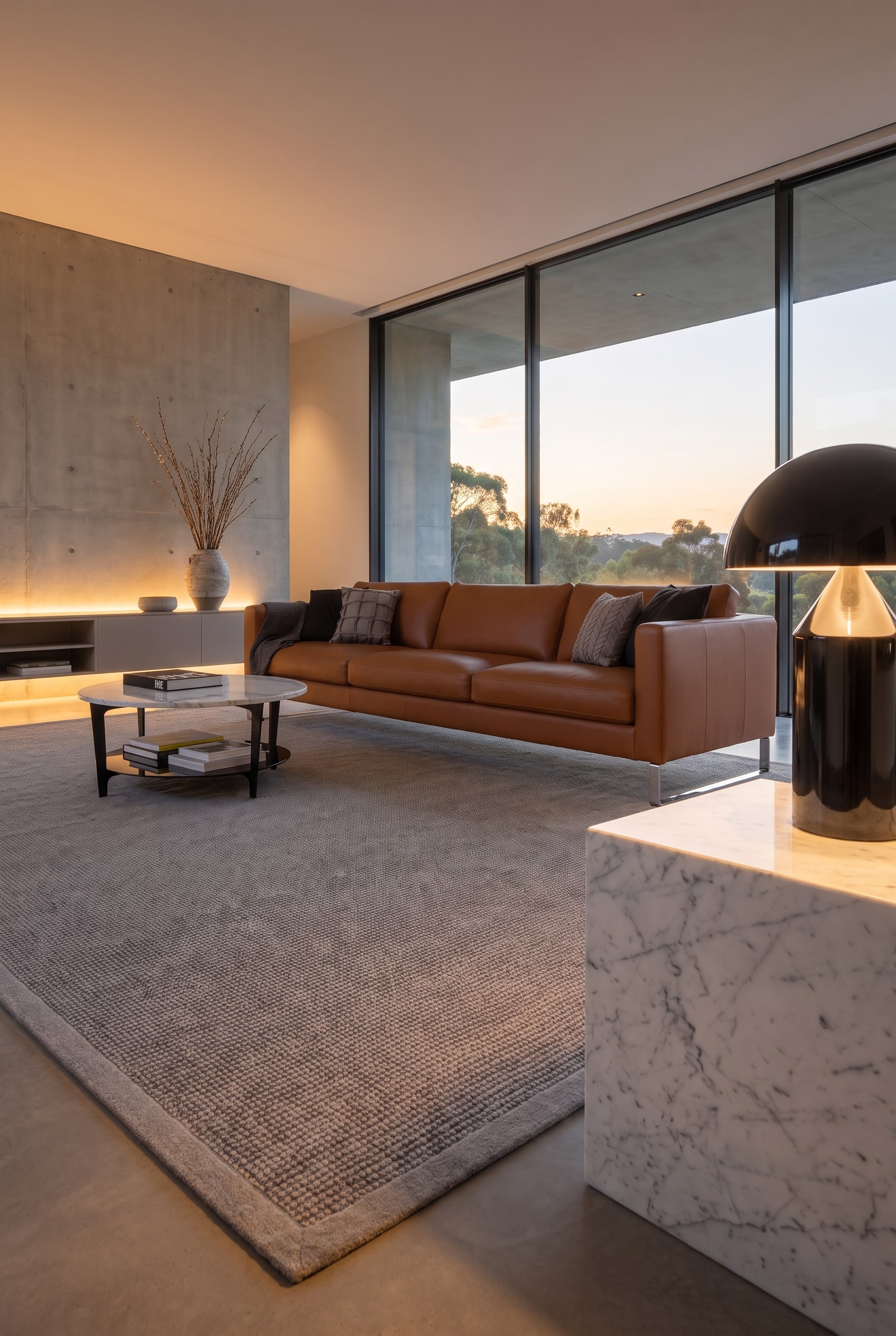 Tapis de salon gris sur lequel sont placés une table d'appoint en marbre et un canapé en cuir marron, avec un espace par rapport au bord du tapis.