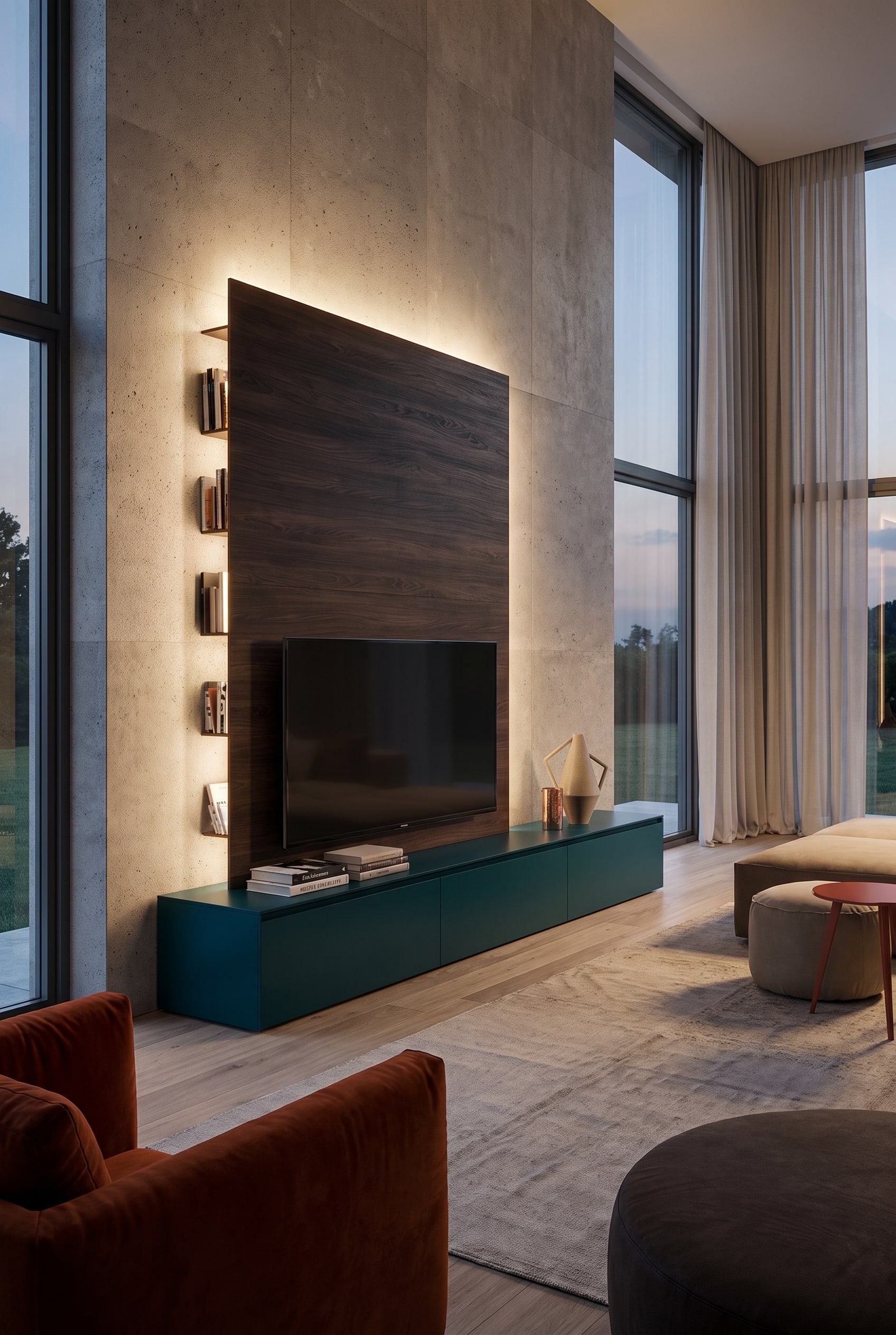 Mur TV luxueux avec panneau en bois fonc&eacute; et &eacute;cran plat int&eacute;gr&eacute; dans un salon aux plafonds extr&ecirc;mement hauts