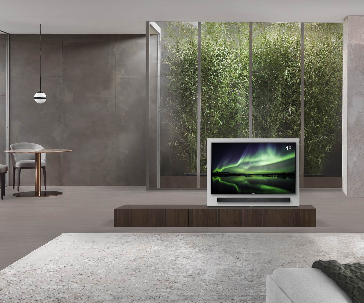 Livitalia Roto design lowboard ruimteverdeler met draaibaar TV-paneel B150 50 H25 D56 EiBr B90li oBox