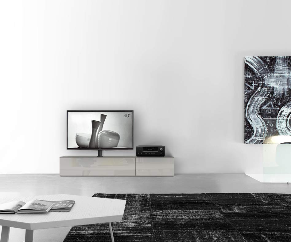 Table basse design Configurateur avec support TV au sol Largeur 180 33,5 45 gauche gris clair brillant
