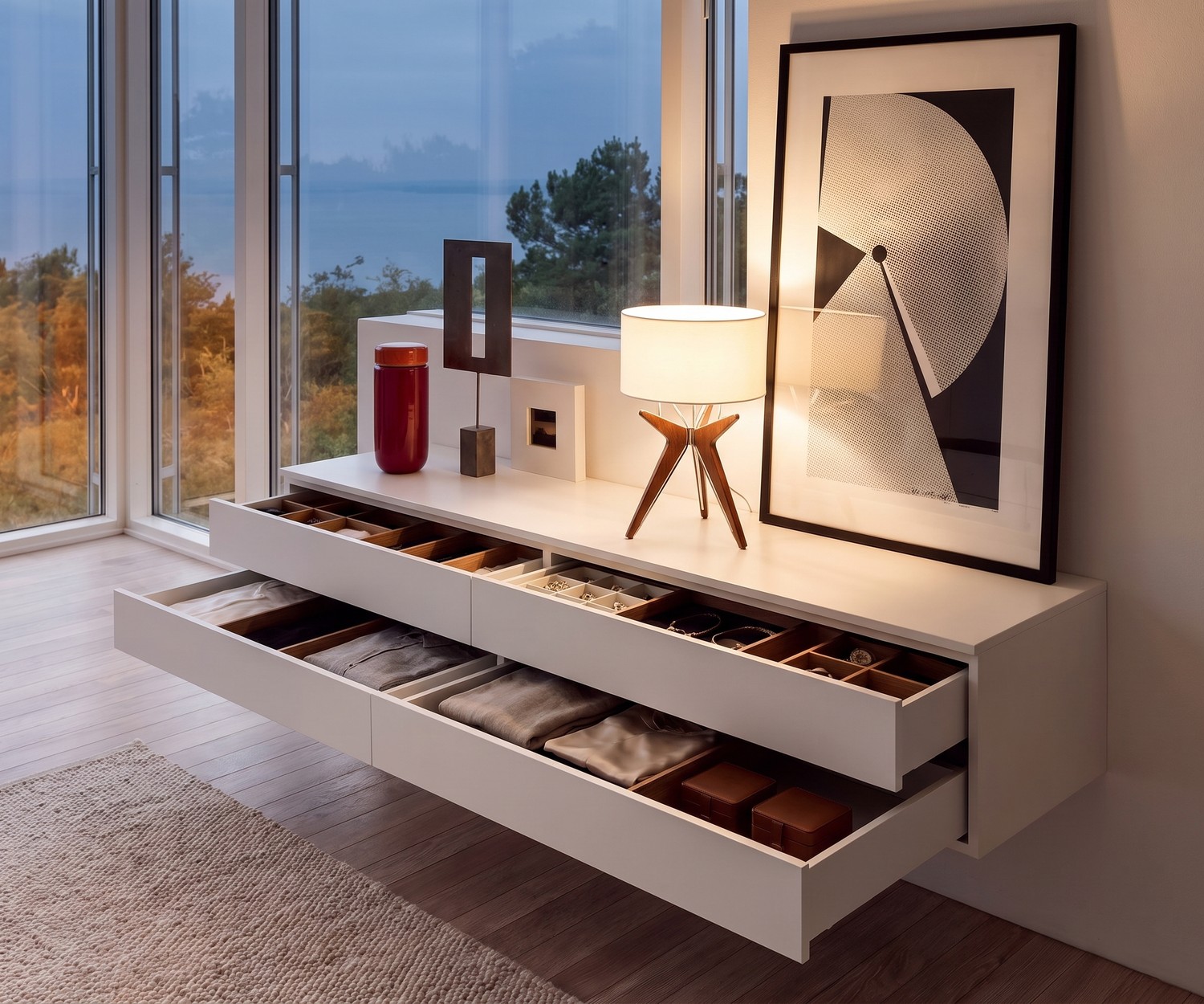 Novamobili Easy Zwevend Dressoir met 4 Laden Zwevend dressoir in de slaapkamer: Witte Novamobili Easy hangende commode met 4 laden in een minimalistisch interieur.