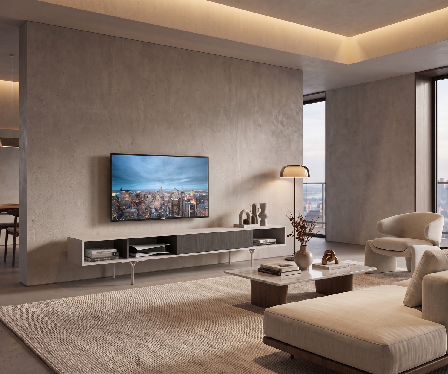 al2 Mobius 005 TV-lowboard in een modern interieur, minimalistisch tv-meubel met houten lade en slanke poten.