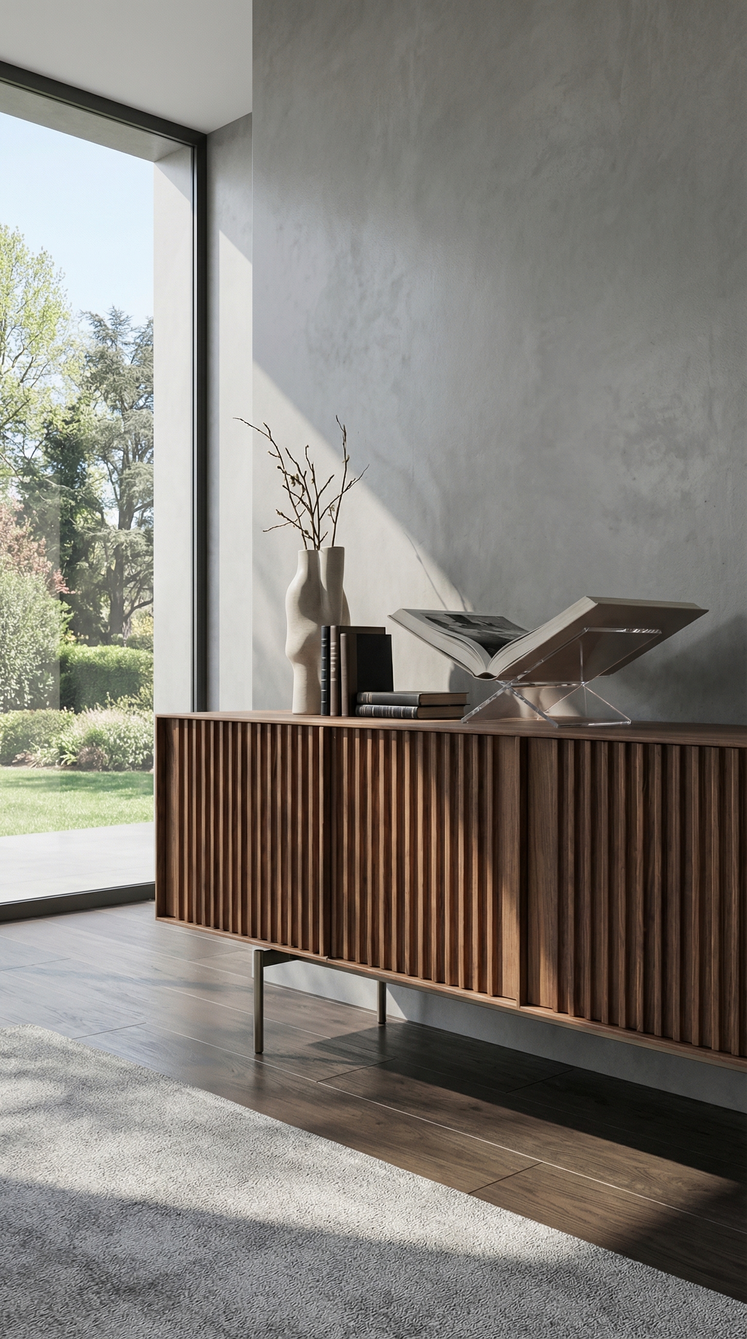 Gros plan du Sideboard al2 KA-BERA avec structure à lamelles en noyer Gros plan du Sideboard al2 KA-BERA avec structure à lamelles en noyer