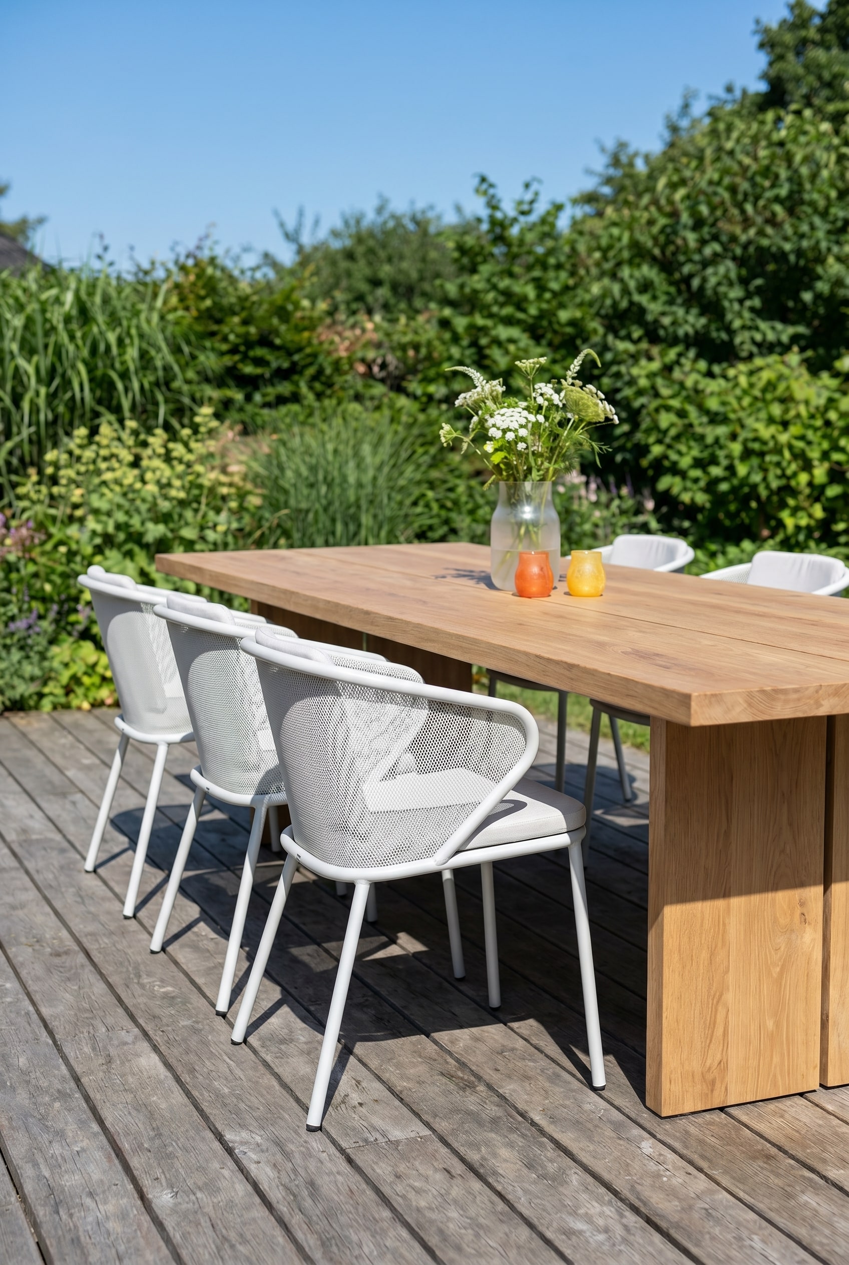 Fauteuil filigrane Todus Condor en tube d'acier thermolaqué à côté d'une table massive en chêne sur une terrasse moderne.