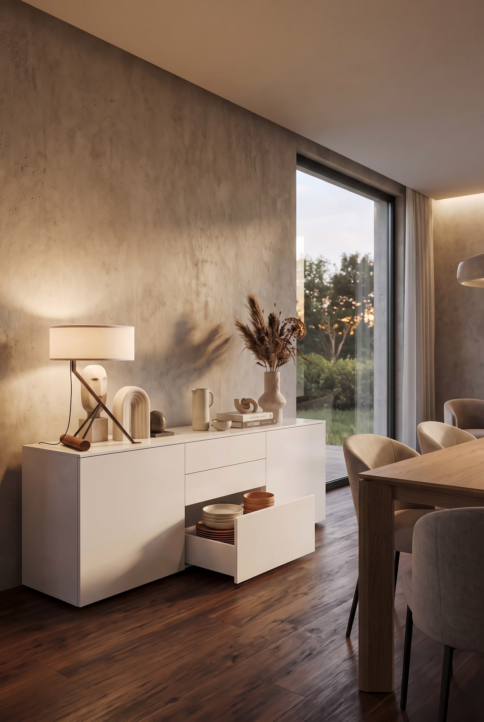 Un buffet moderne dans la salle &agrave; manger, dont les tiroirs profonds offrent une solution de rangement &eacute;l&eacute;gante pour les piles d'assiettes et la vaisselle.