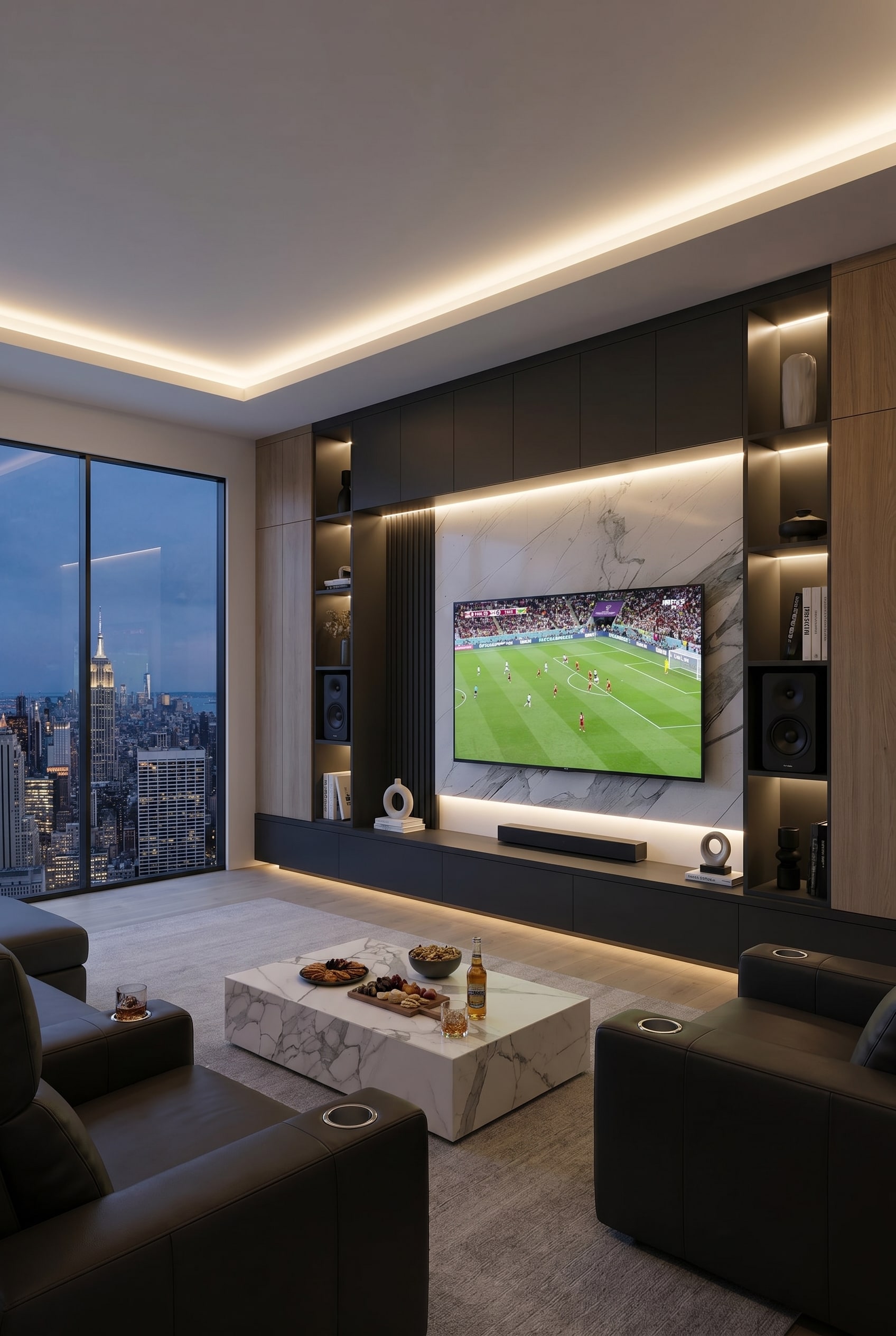 Meuble TV mural asymétrique sur mesure dans un salon moderne avec des compartiments parfaitement adaptés pour l'équipement audio et les objets de décoration