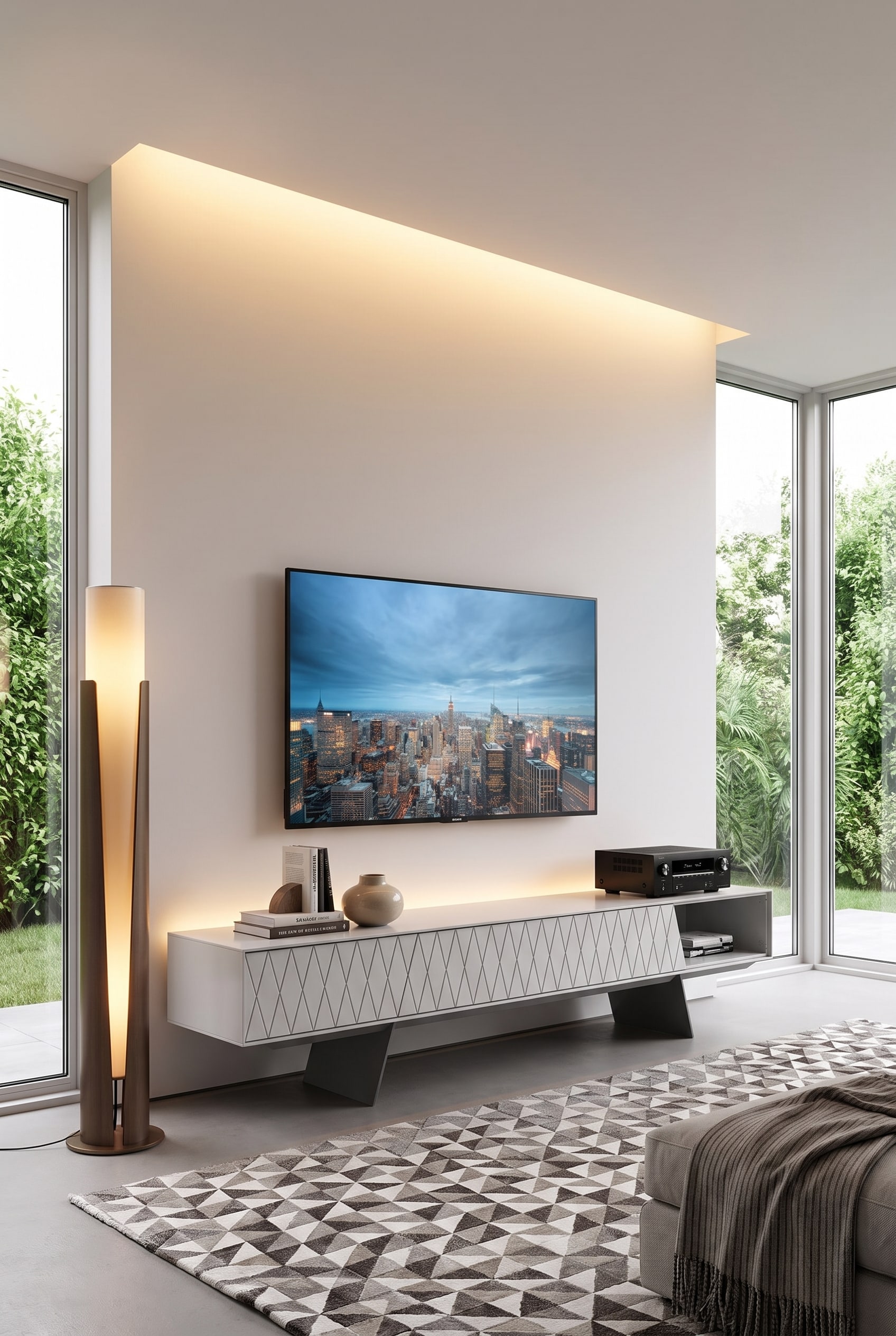 Salon minimaliste avec un Lowboard al2 e-klipse 008 plat et un &eacute;cran plat pos&eacute; dessus