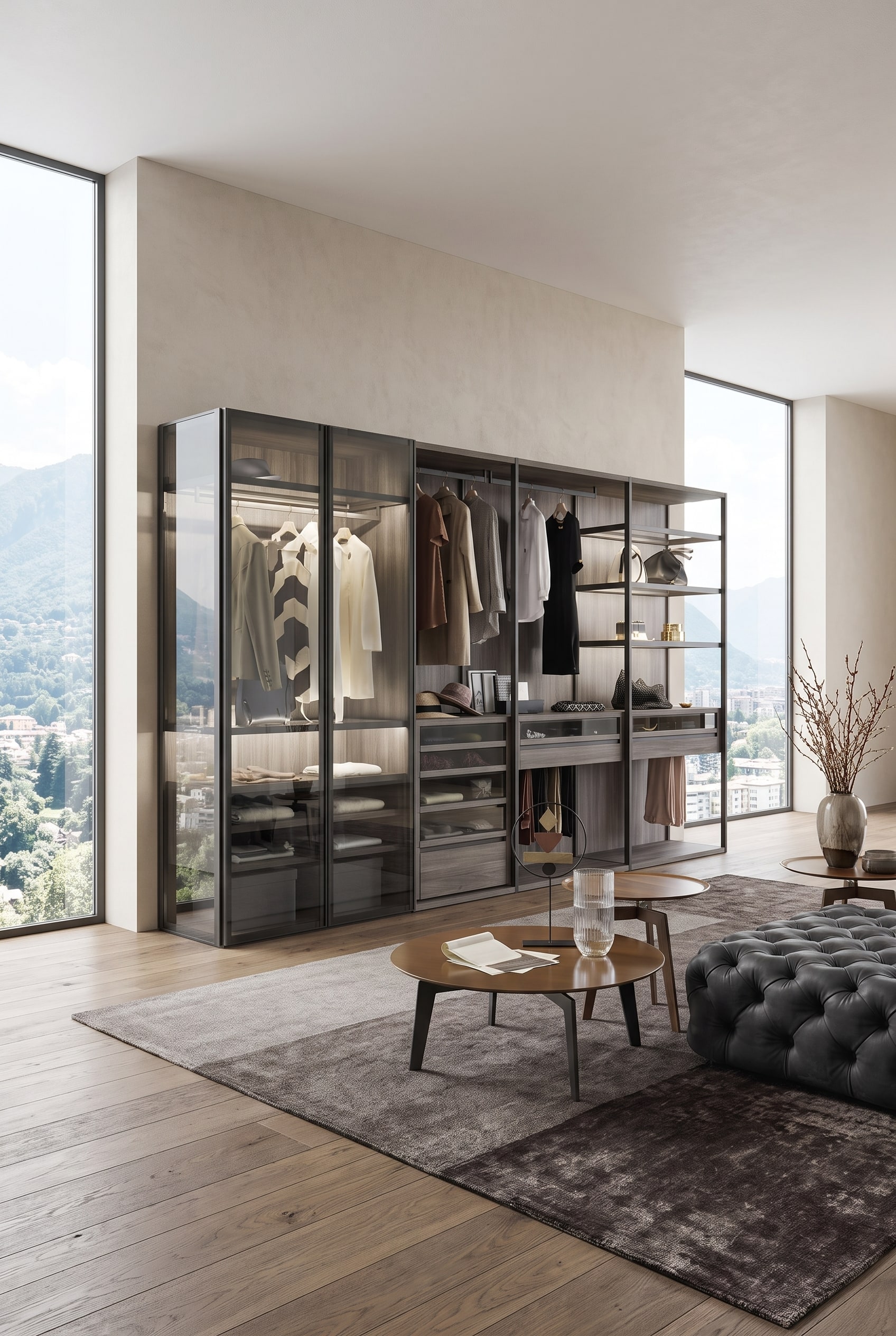 Dressing moderne avec armoire en verre éclairée, éclairage LED intégré et un élégant fauteuil rembourré en beige clair
