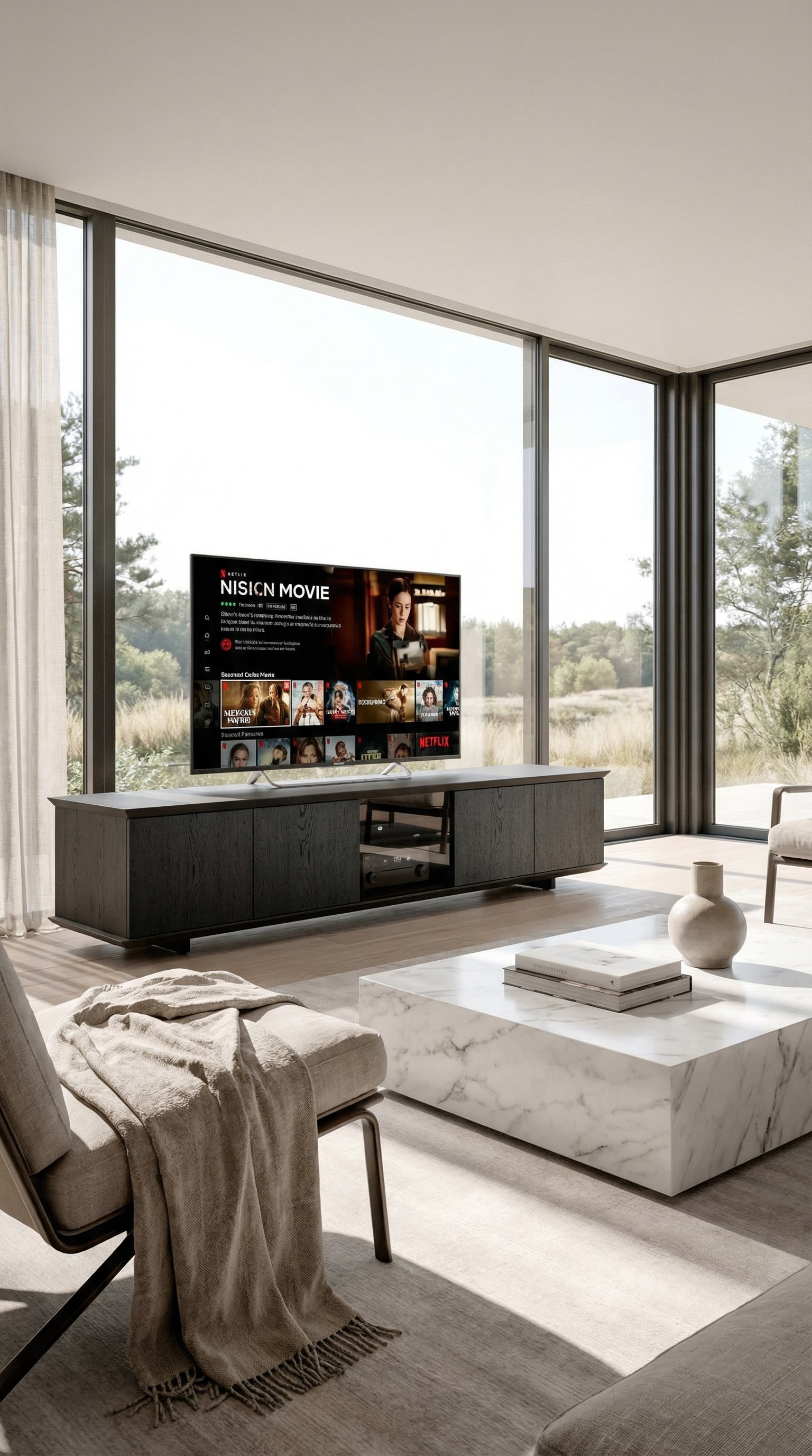 Ozzio Brera TV Media Lowboard met onzichtbare technologie-integratie in een lichte woonkamer Ozzio Brera TV Media Lowboard met onzichtbare technologie-integratie in een lichte woonkamer