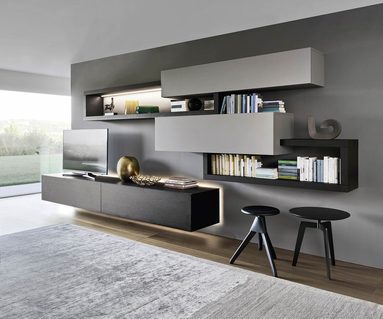 Exclusief Livitalia Design wandmeubel C27 in eikenfineer en grijs mat Exclusief Livitalia Design wandmeubel C27 in eikenfineer en grijs mat