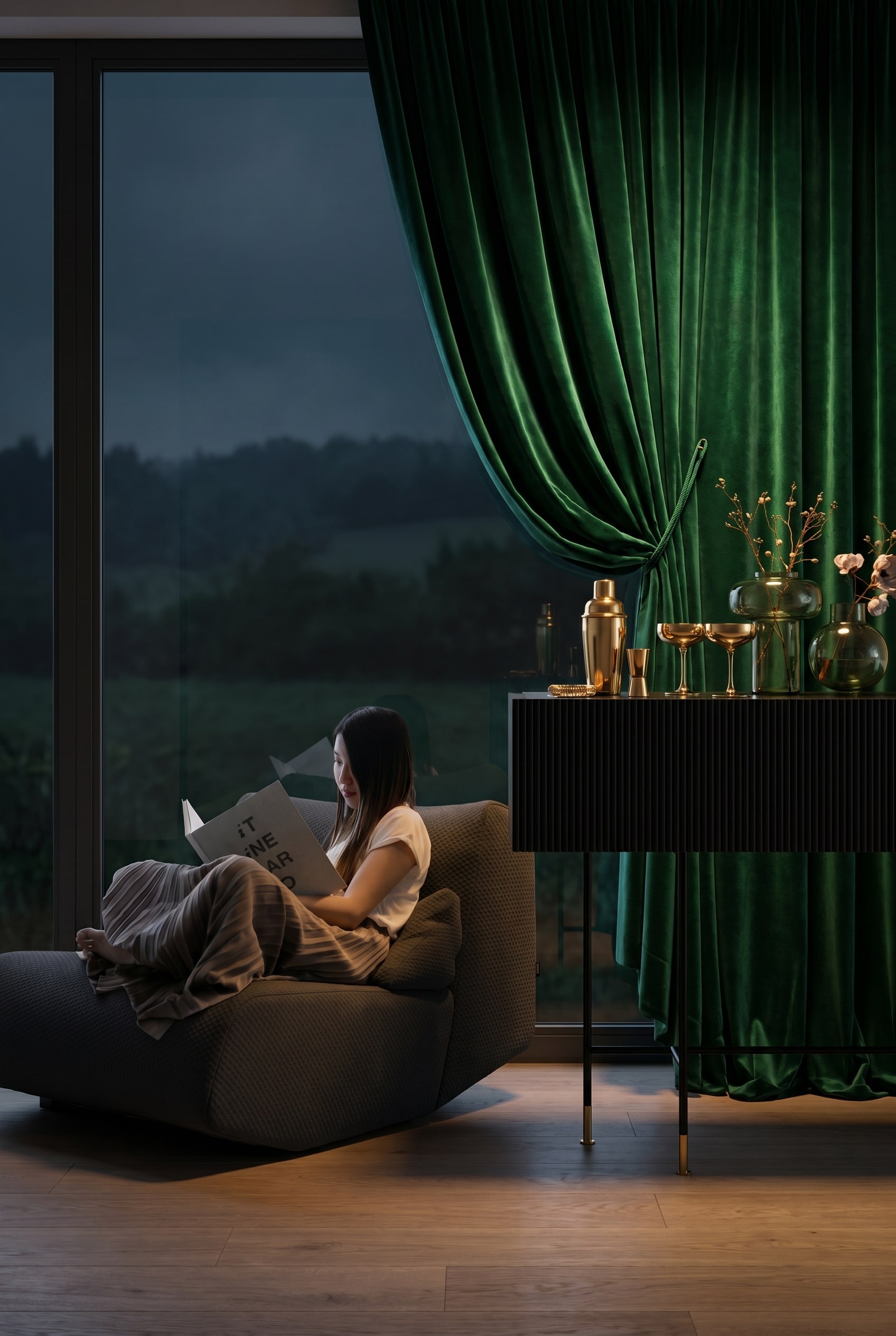&Eacute;l&eacute;gant buffet de bar noir avec fa&ccedil;ade rainur&eacute;e dans un salon luxueux avec de lourds rideaux en velours vert &eacute;meraude et de profonds coussins verts