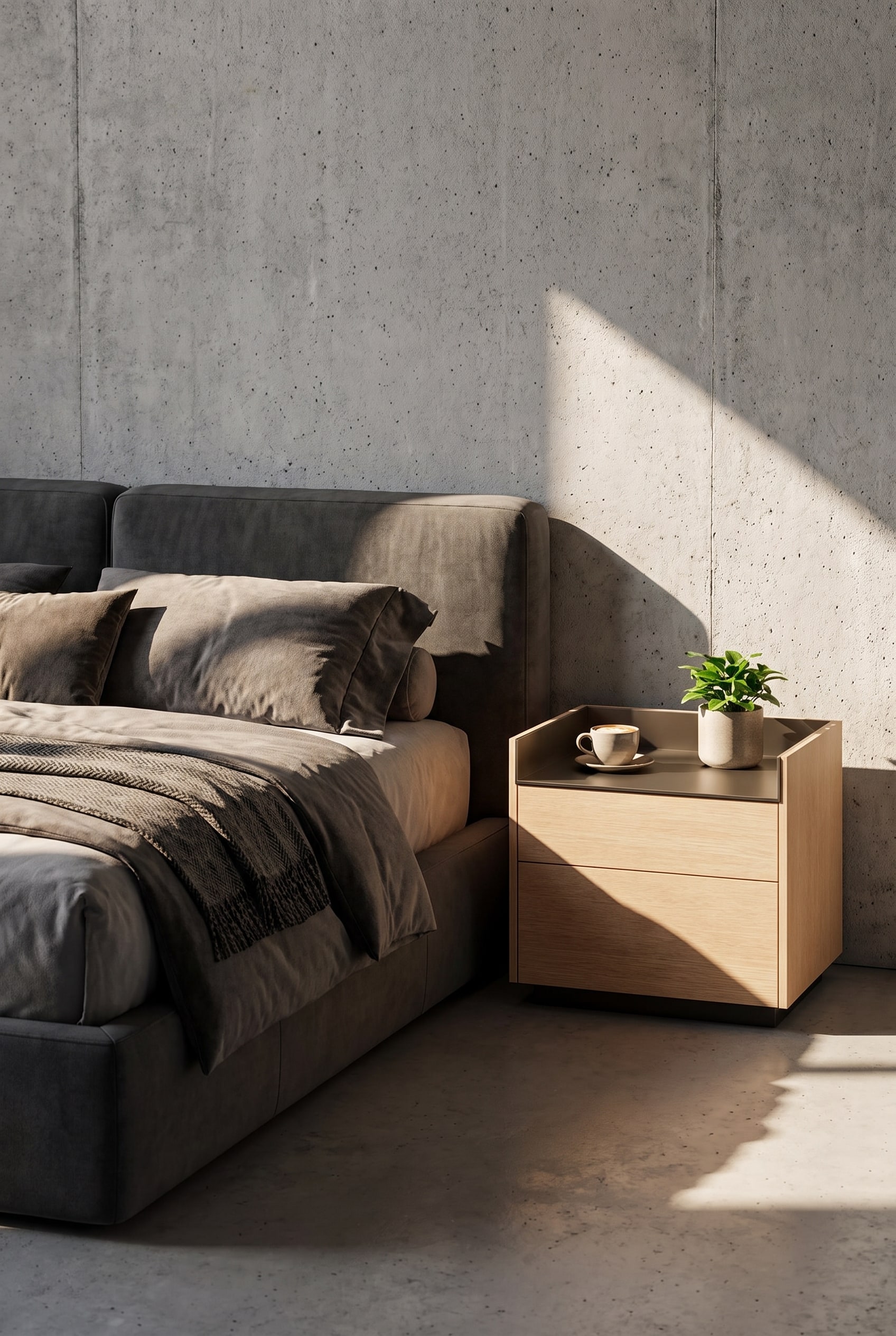 Table de chevet Punt Stockholm avec placage de chêne chaud et un élégant plateau en aluminium dans une chambre à coucher au design moderne.