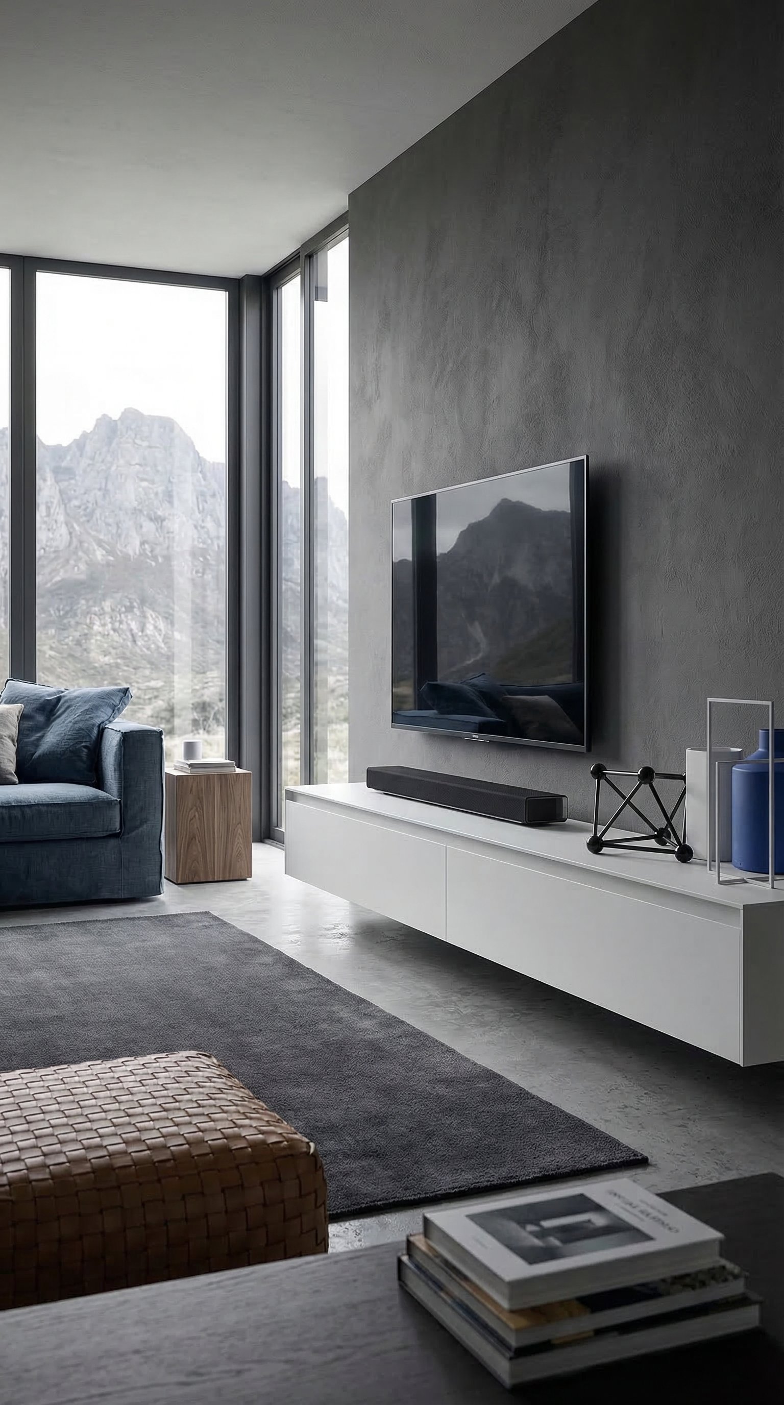 Een wit, mat, zeer lang design lowboard in een moderne woonruimte met grijze muur en blauwe accenten. Een wit, mat, zeer lang design lowboard in een moderne woonruimte met grijze muur en blauwe accenten.