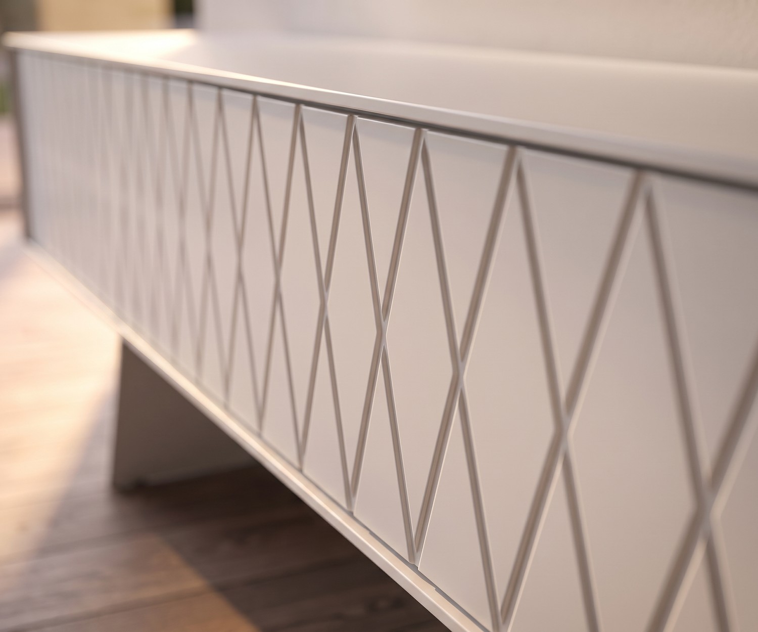 al2 e-klipse 008 TV-lowboard met ruitpatroon al2 e-klipse 008 TV-lowboard voor de woonkamer, modern mat wit front met ruitpatroon, minimalistische stijl.