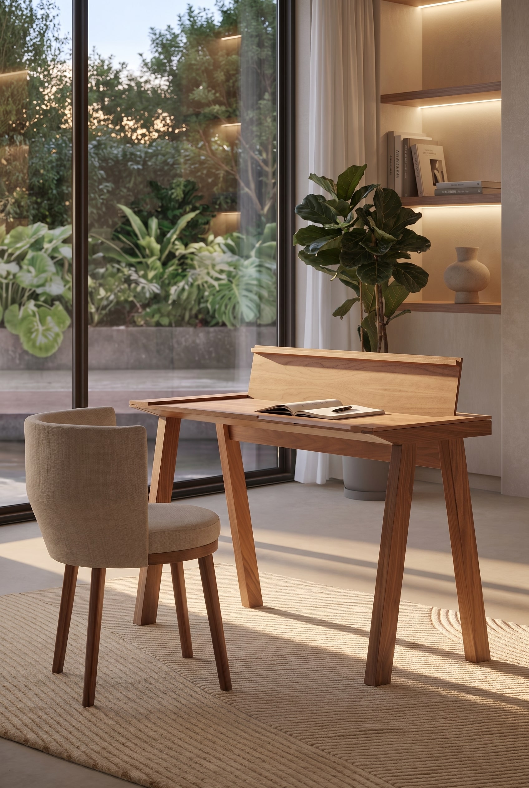 Élégant secrétaire en bois avec un abattant relevé et une chaise rembourrée beige et confortable sur un tapis clair