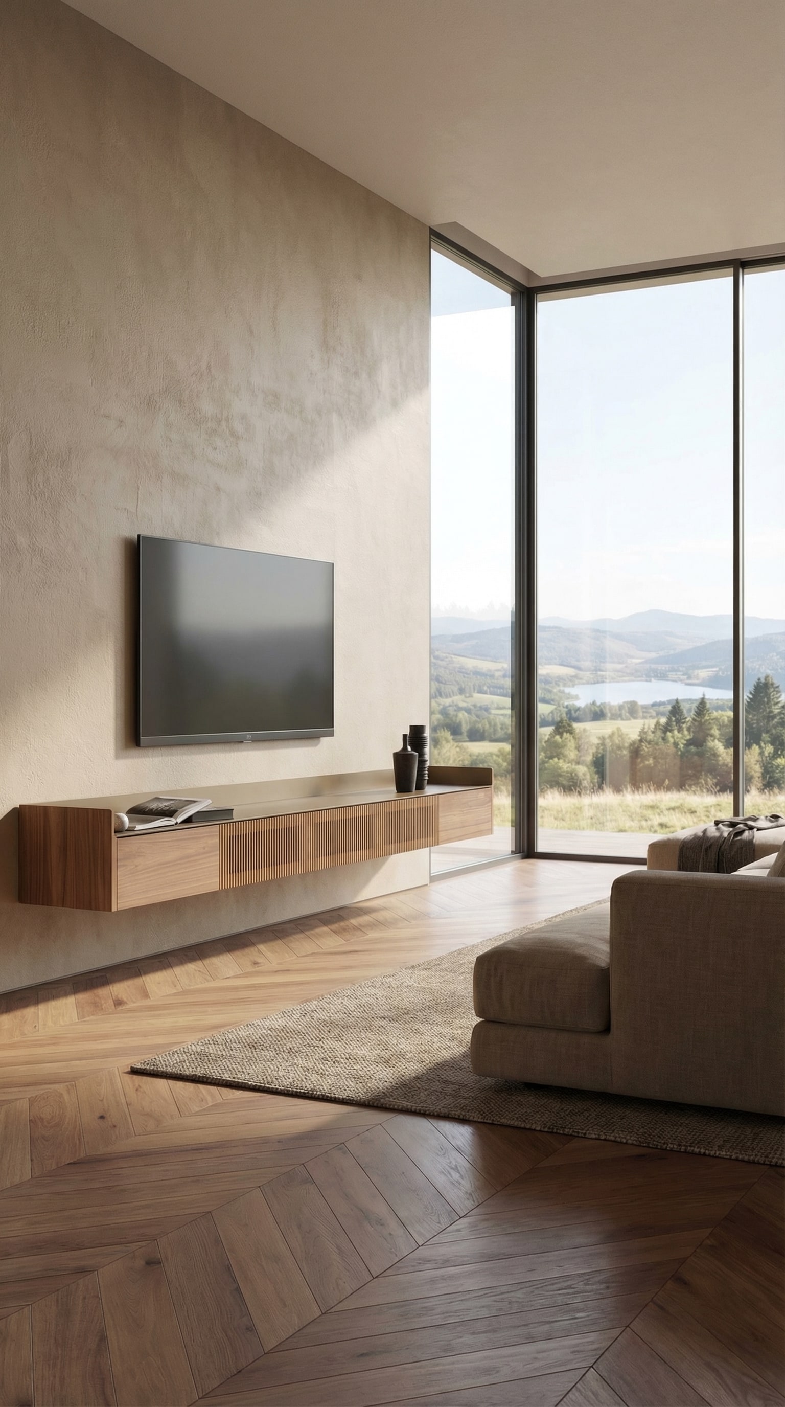 Salon avec fen&ecirc;tres du sol au plafond, lowboard en bois mince et suspendu, et lumi&egrave;re naturelle.