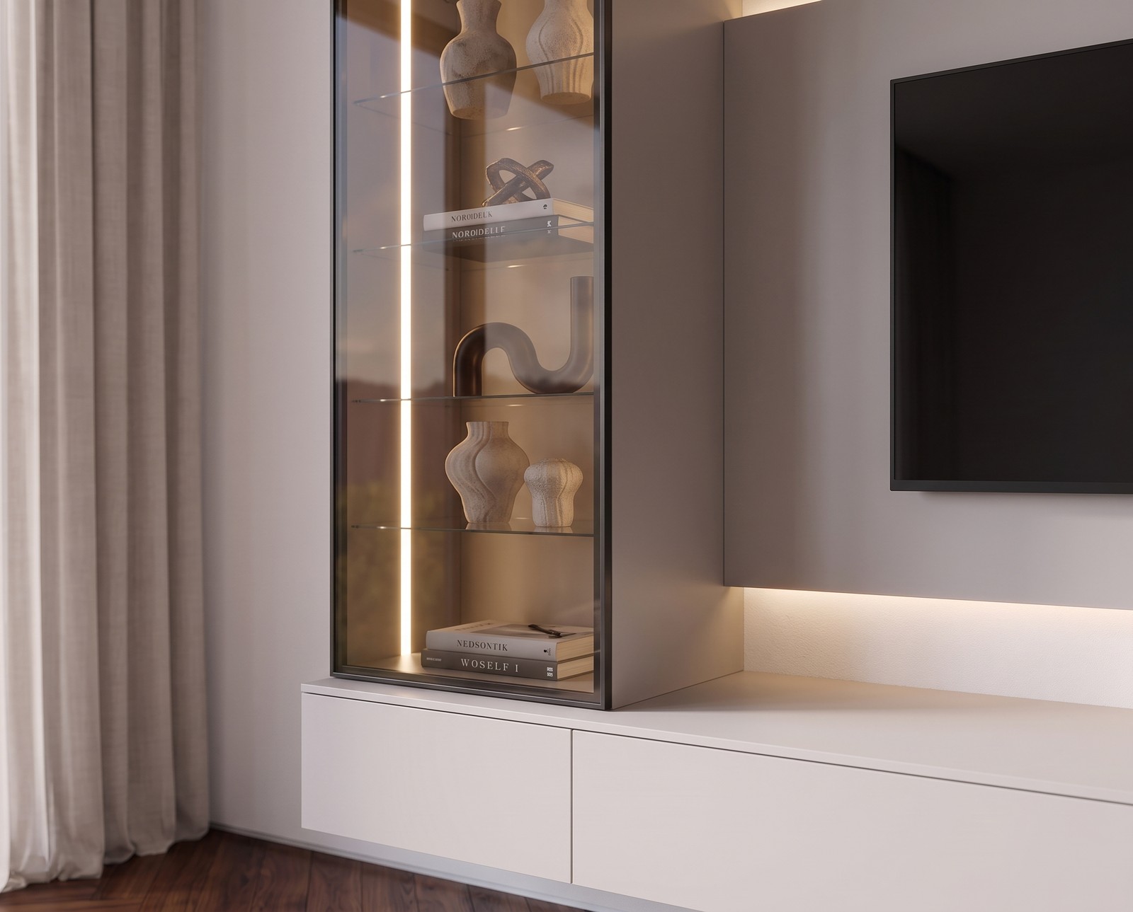 Glasvitrine mit Rauchglas und LED der Wohnwand C109 in Hellgrau