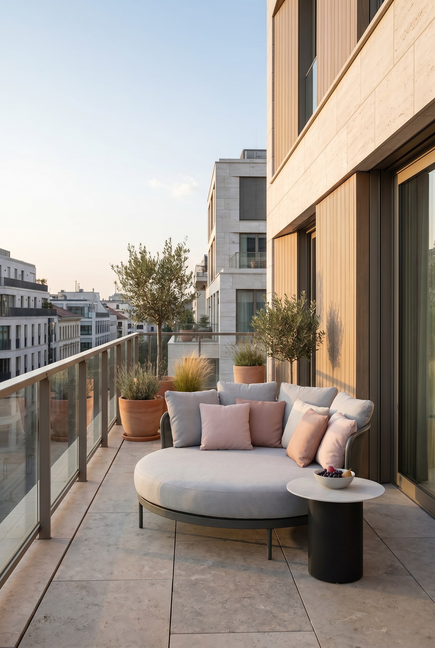 Grand balcon urbain avec un daybed d'extérieur rond gris clair avec de gros coussins, flanqué d'une table d'appoint basse