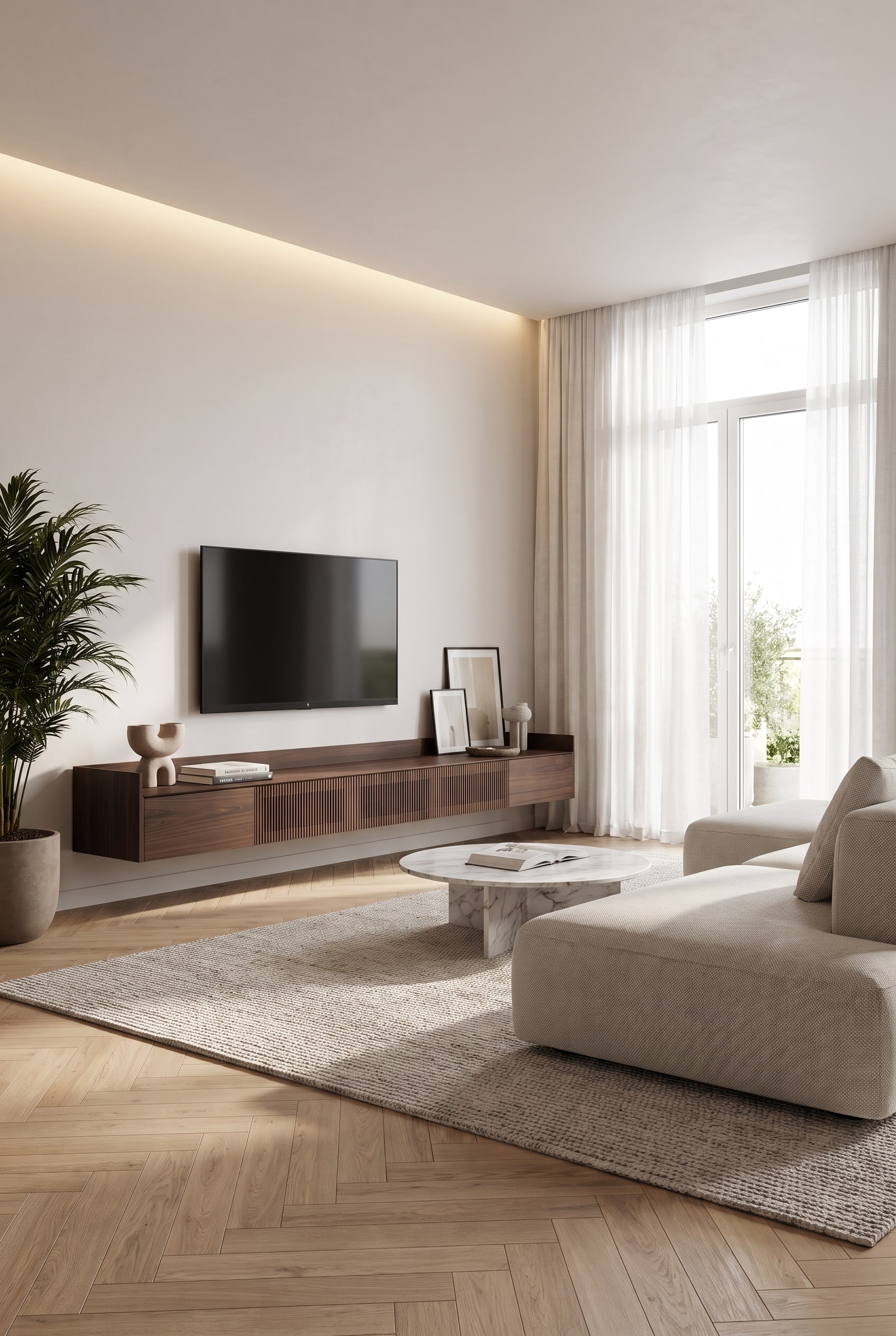Salon minimaliste avec un lowboard mural en bois, des façades sans poignées et un éclairage LED discret.
