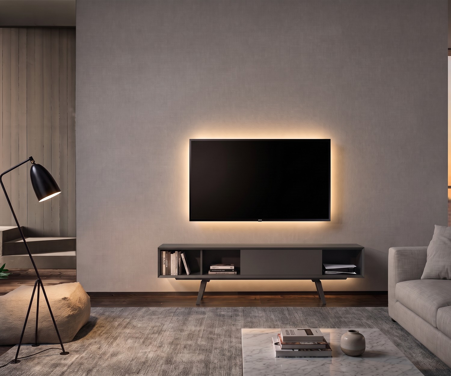 TV-lowboard e-klipse 005 voor de woonkamer. Modern wit design tv-meubel onder een televisie in een licht interieur.