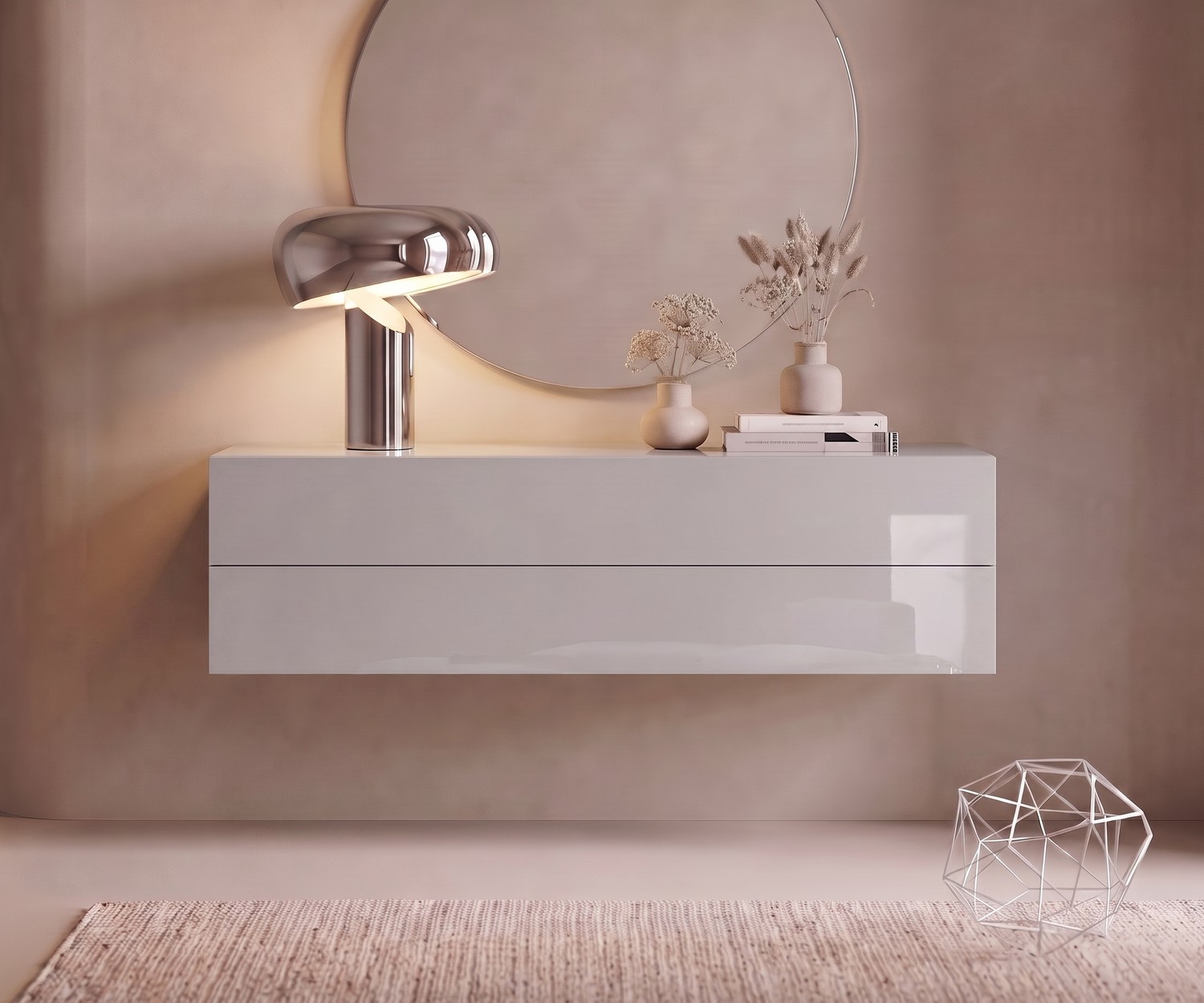 Commode suspendue Novamobili Easy gris clair Commode suspendue Easy de Novamobili pour chambre, design moderne gris clair à deux tiroirs sous un miroir rond.