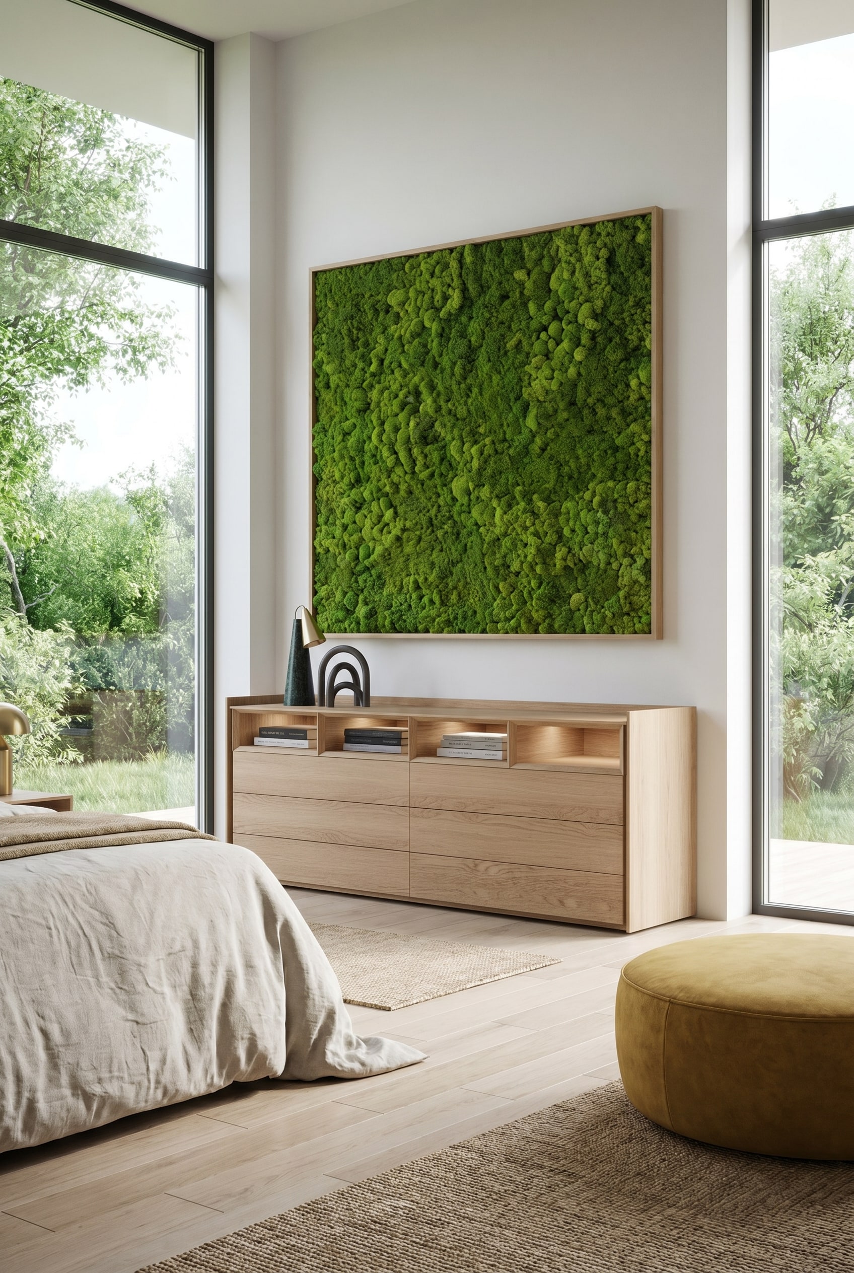 Chambre avec commode en bois de ch&ecirc;ne &agrave; compartiments ouverts, au-dessus un tableau de mousse et un pouf jaune