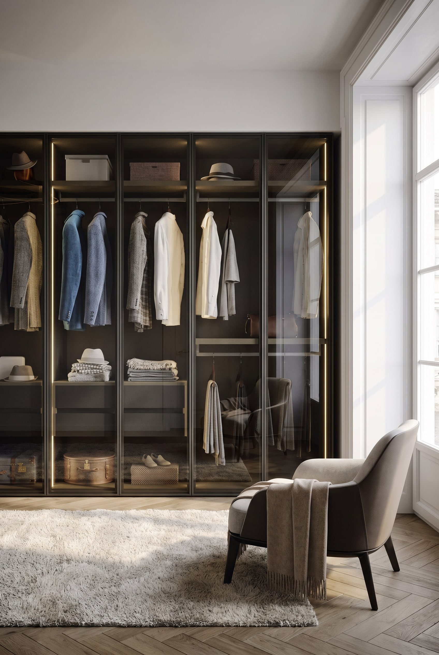 Armoire design moderne avec fa&ccedil;ades en verre fum&eacute; teint&eacute; et &eacute;clairage LED activ&eacute;, &agrave; travers lequel les v&ecirc;tements transparaissent doucement