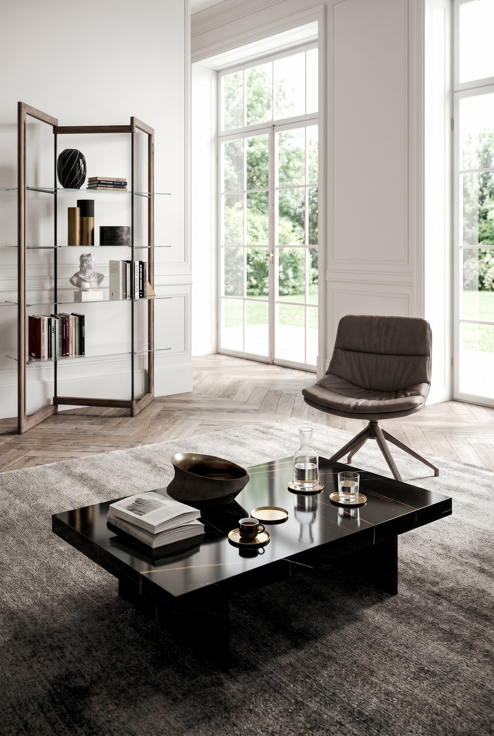 Table basse en bois fonc&eacute; de style Dark Luxury, d&eacute;cor&eacute;e de sous-verres en travertin empil&eacute;s et d'une coupelle en bronze brillant